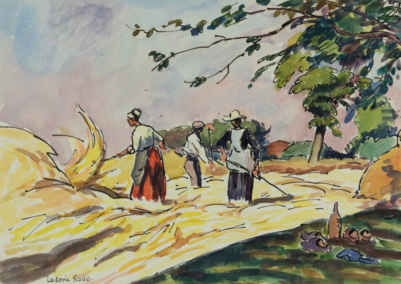Moissonneurs à Blarimon by Ludovic-Rodo Pissarro (1878-1952) 
Watercolour and ink on paper
26.4 x 37 cm (10 ³/₈ x 14 ⁵/₈ inches)
Signed lower left, Ludovic Rodo.
Executed in 1931

This work is accompanied by a certificate of authenticity from Lélia
