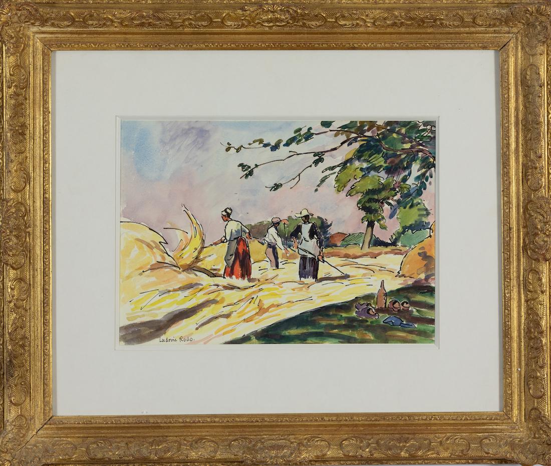 Moissonneurs à Blarimon von Ludovic-Rodo Pissarro - Aquarell im Angebot 1