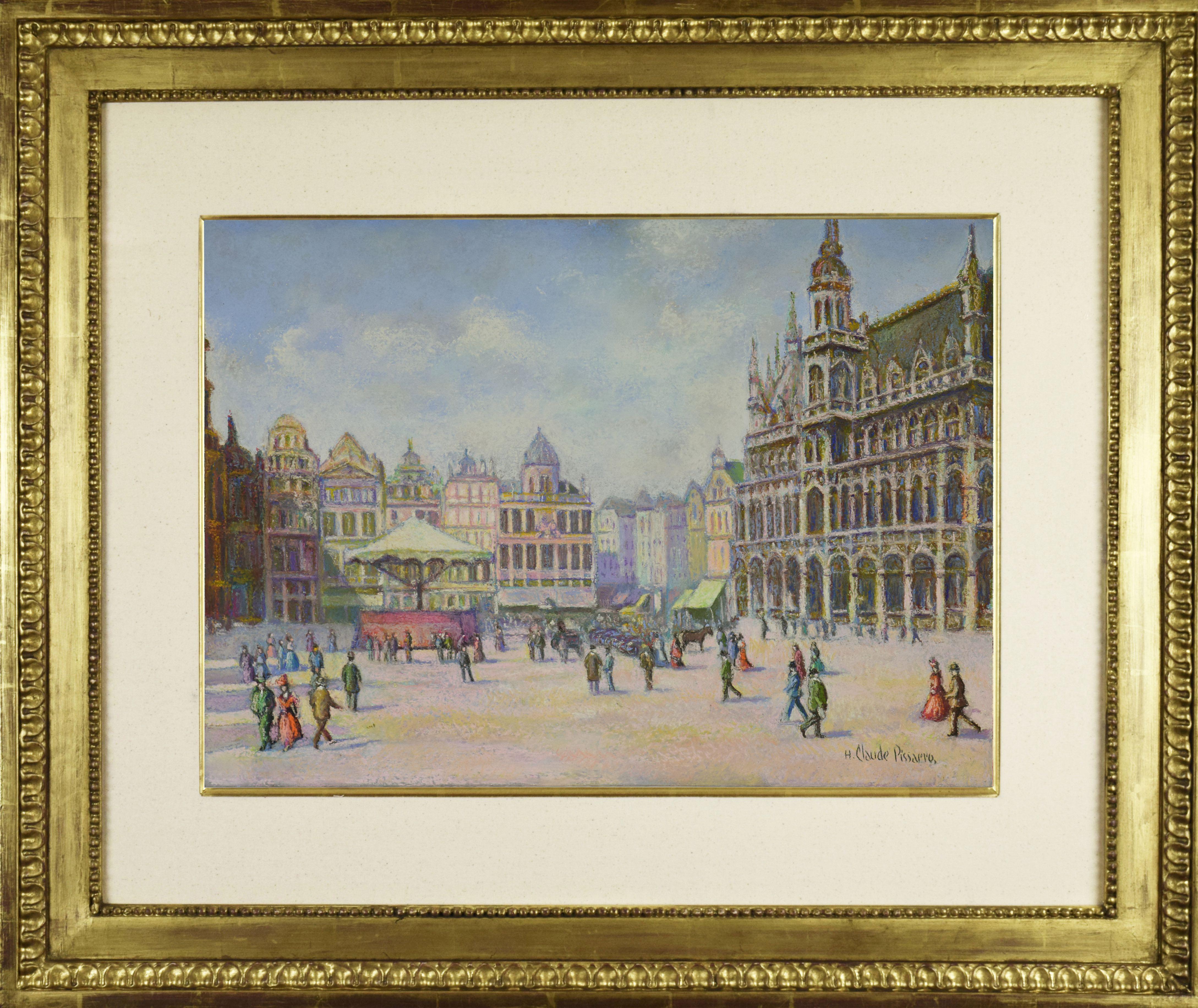 La Grande Place (Bruxelles) by H. Claude Pissarro - Pastel work on paper - Art by Hughes Claude Pissarro