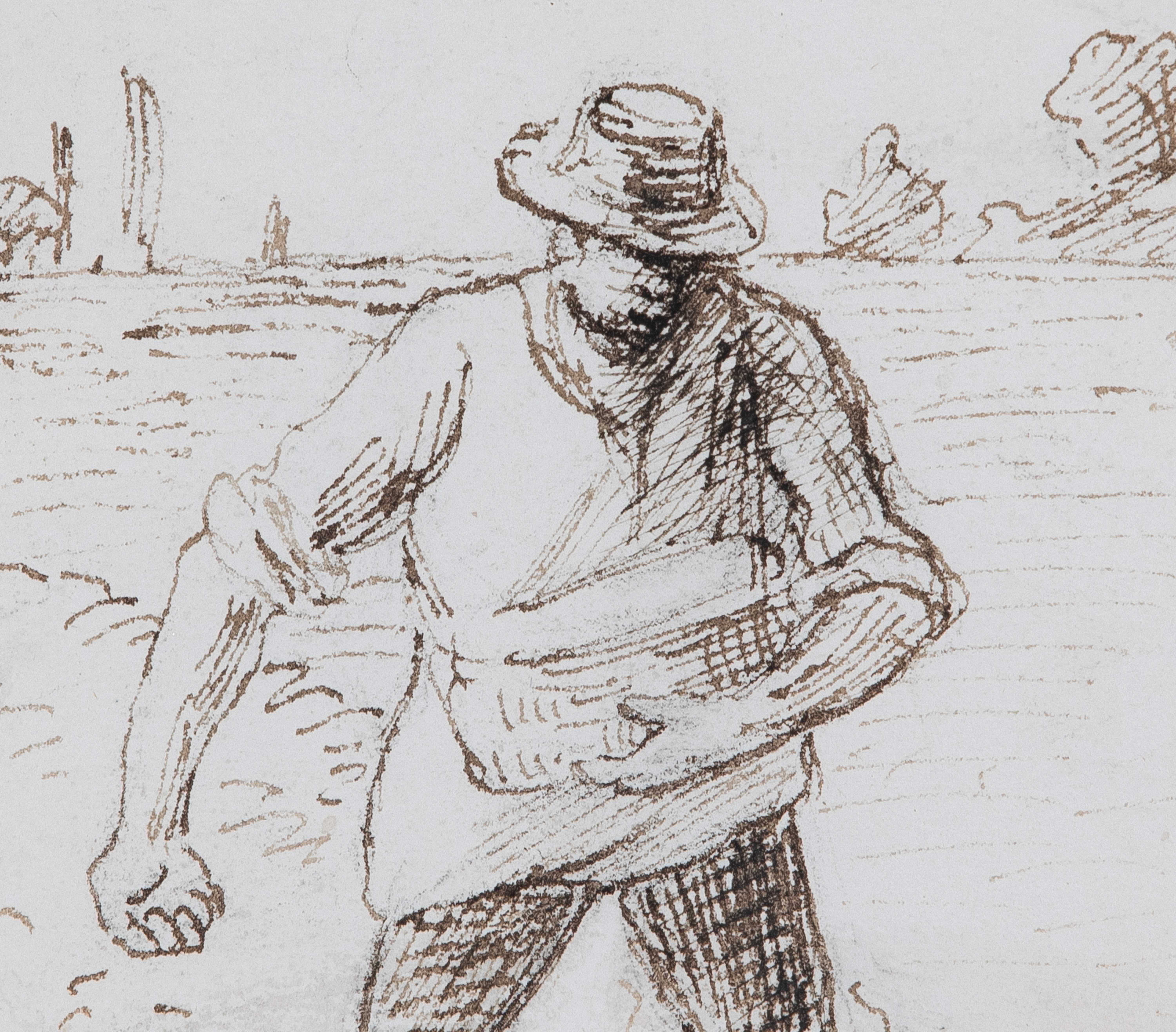 The Sower by Camille Pissarro (1830-1903)
Ink on paper
23 x 16 cm (9 x 6 ⁵/₈ inches)
Stamped lower right, C.P. 

This work is accompanied by a letter of authenticity from Dr. Joachim Pissarro and will be included in the forthcoming Catalogue