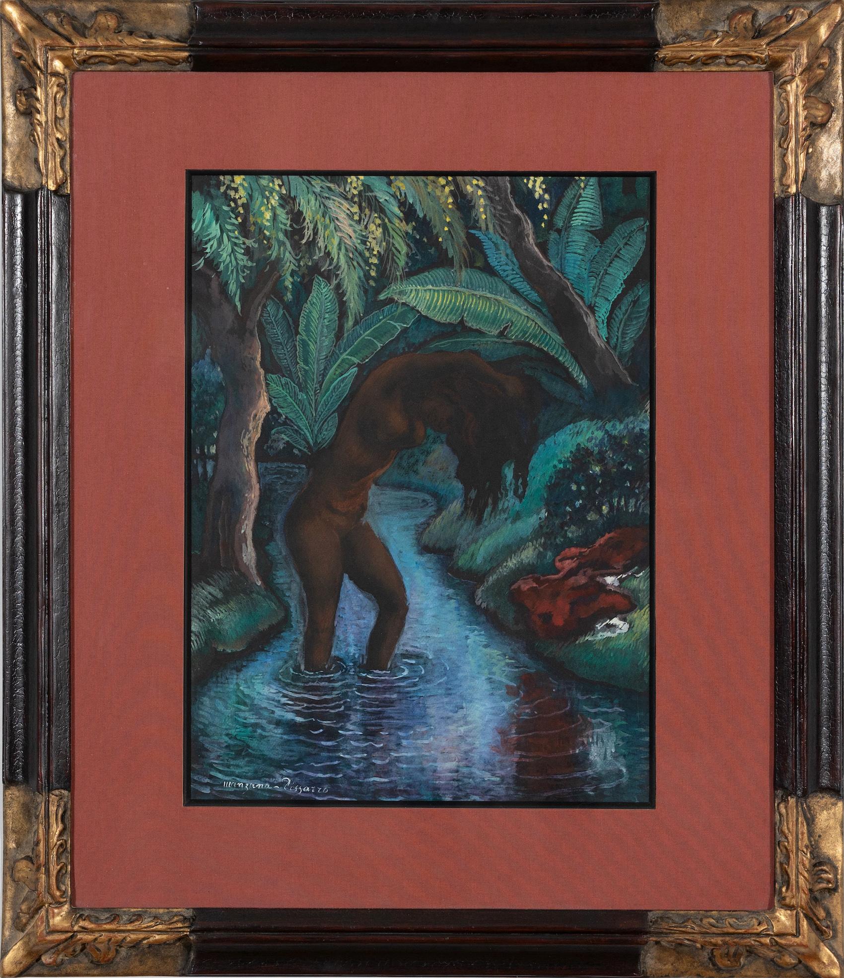 Baigneuse dans un cours d'eau de Georges Manzana Pissarro - Gouache sur papier - Art de Georges Henri Manzana Pissarro