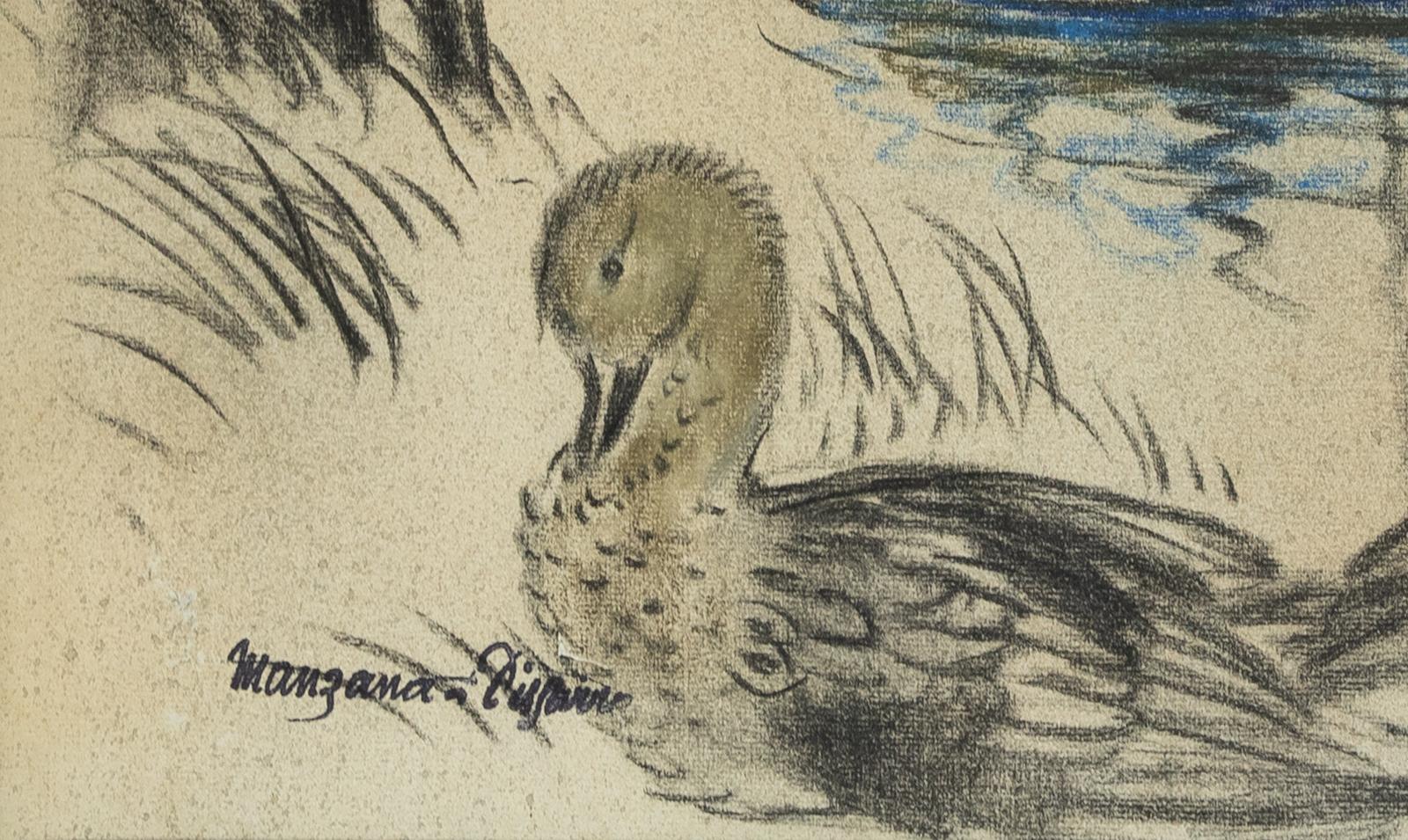 Wild Ducks, Charcoal and Pastel on Paper by Georges Manzana Pissarro, circa 1920 For Sale 2