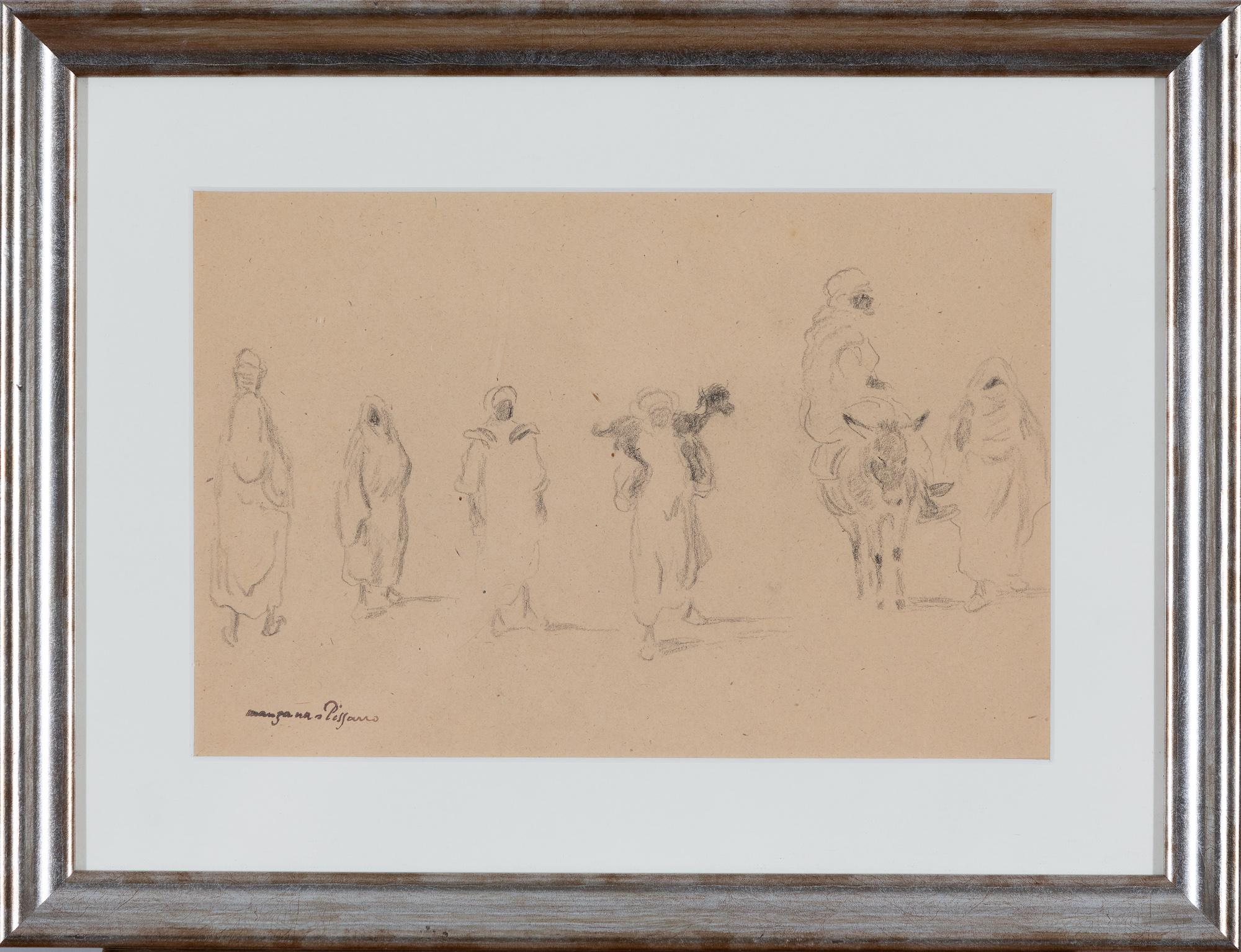 Arab Market's Scene, Pencil on Brown Paper by Georges Manzana Pissarro For Sale 1