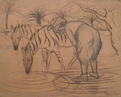 Niña y cebras, Carboncillo sobre papel de Georges Manzana Pissarro