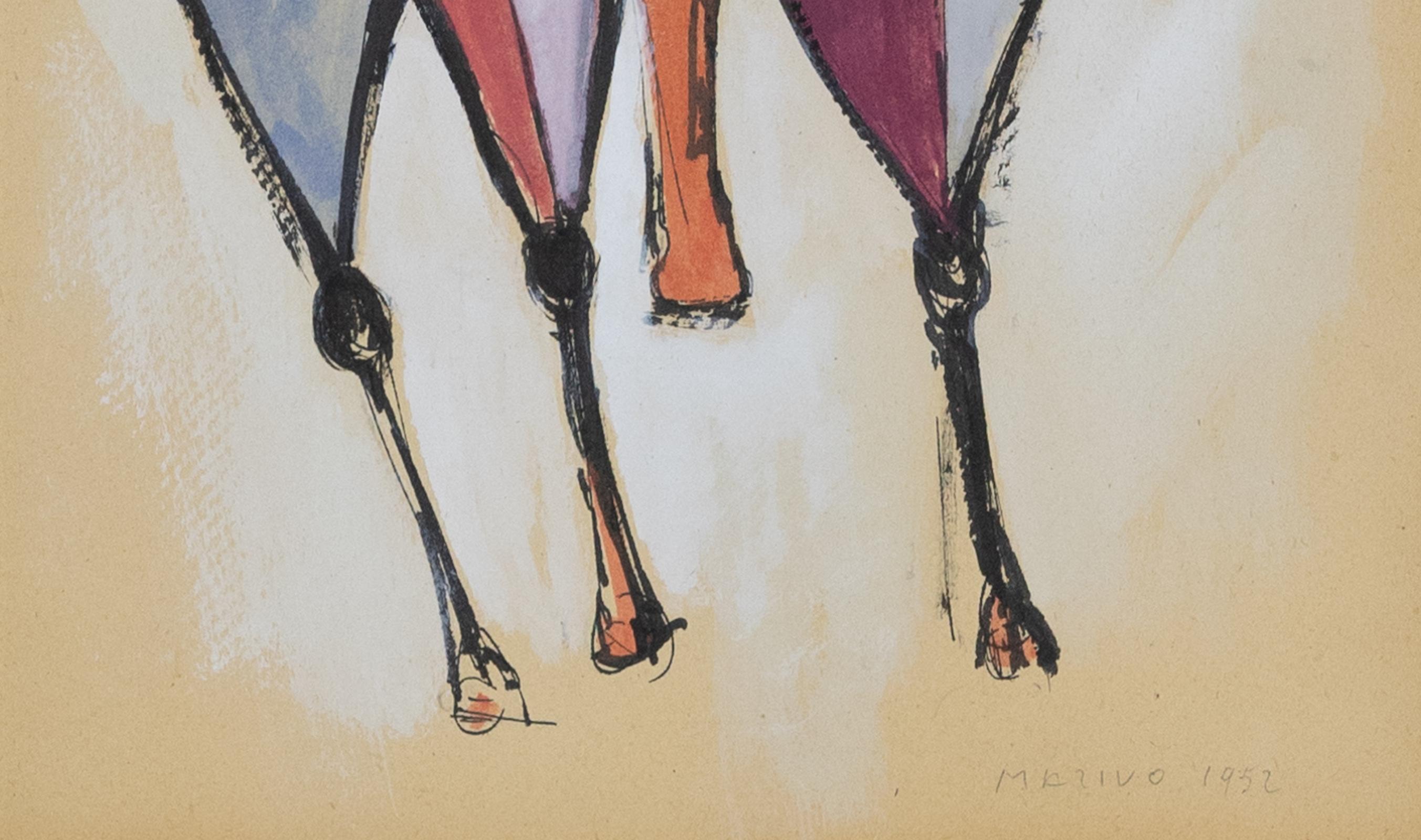 Cavallo e Cavaliere von Marini Marino – Aquarell auf Papier (Beige), Animal Art, von Marino Marini