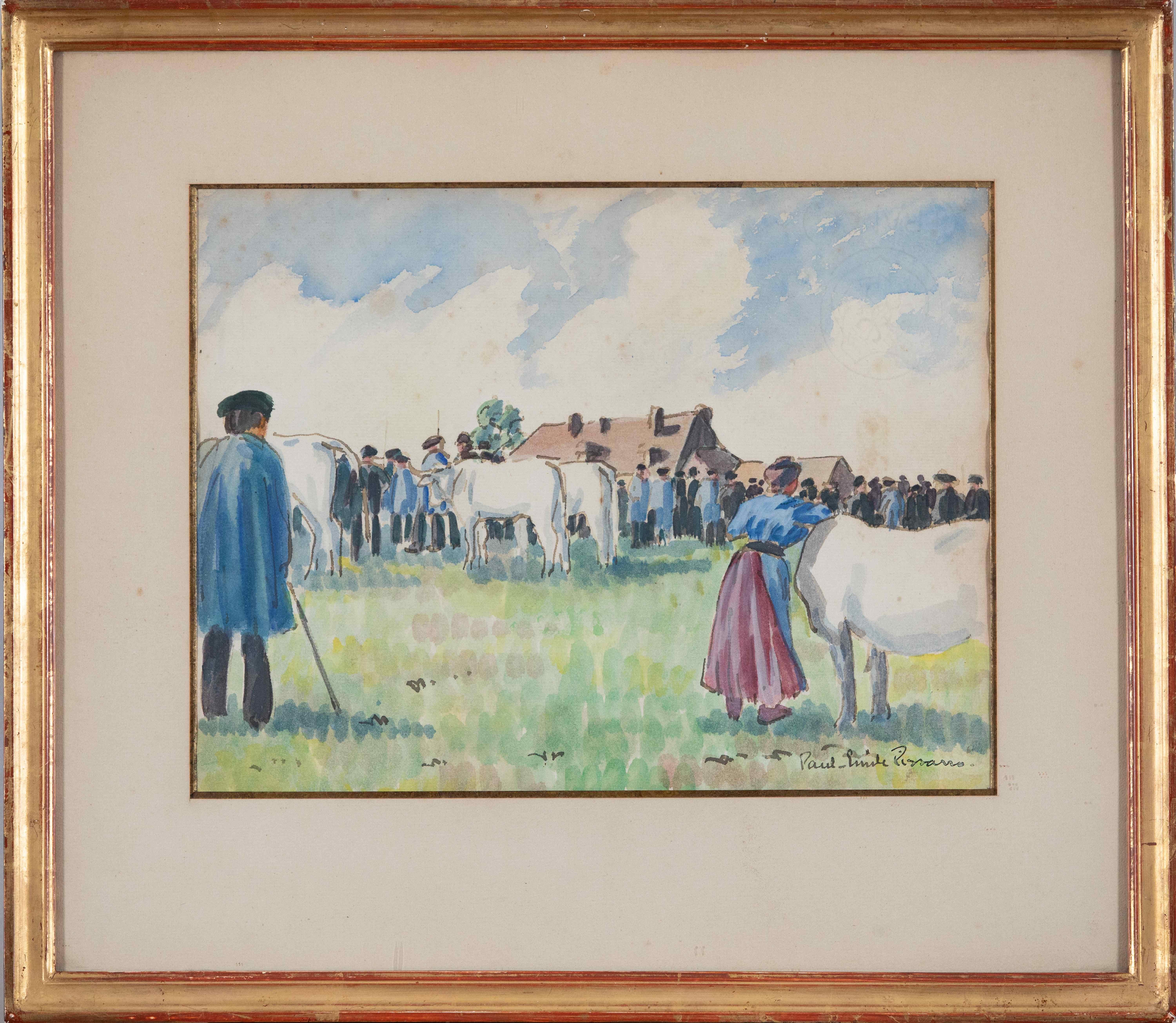 Le marché aux bestiaux von Paulémile Pissarro - Aquarell und Tinte auf Papier – Art von Paul Emile Pissarro