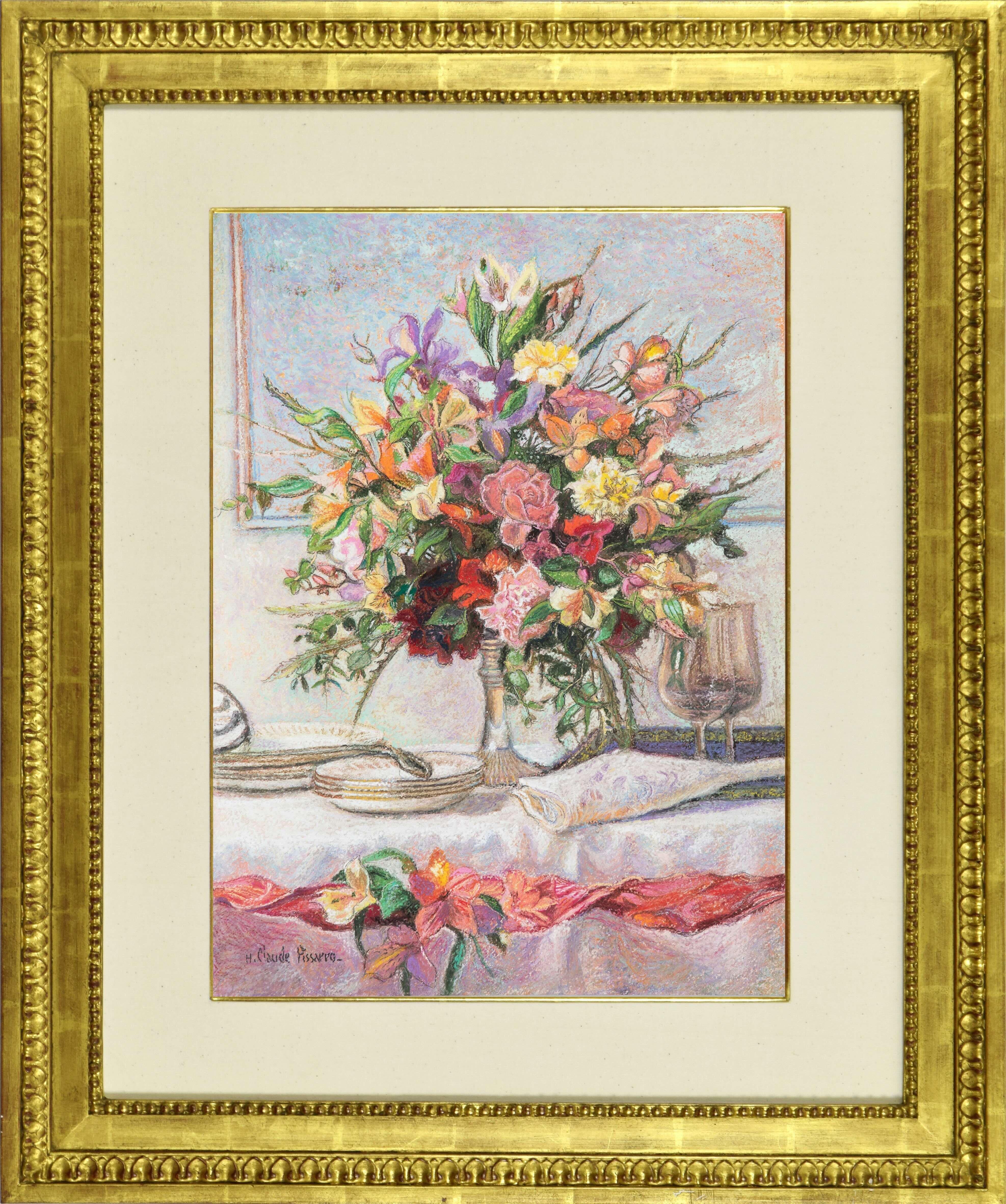 Bouquet pour le dîner by H. Claude Pissarro - Still Life, pastel on card - Post-Impressionist Art by Hughes Claude Pissarro