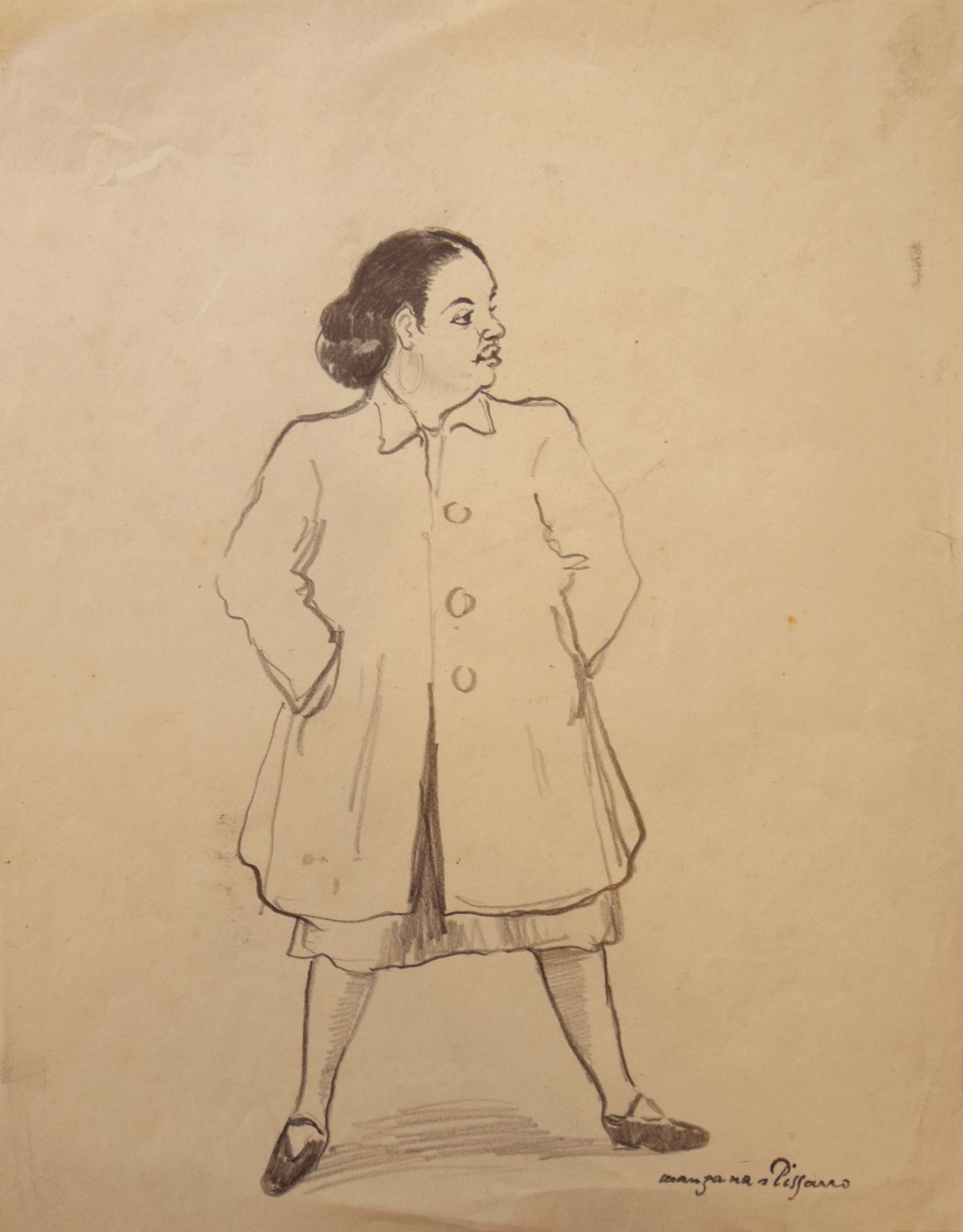 Georges Henri Manzana Pissarro Figurative Art - Woman Standing by Georges Manzana Pissarro - Pencil on paper, Portrait, Drawing