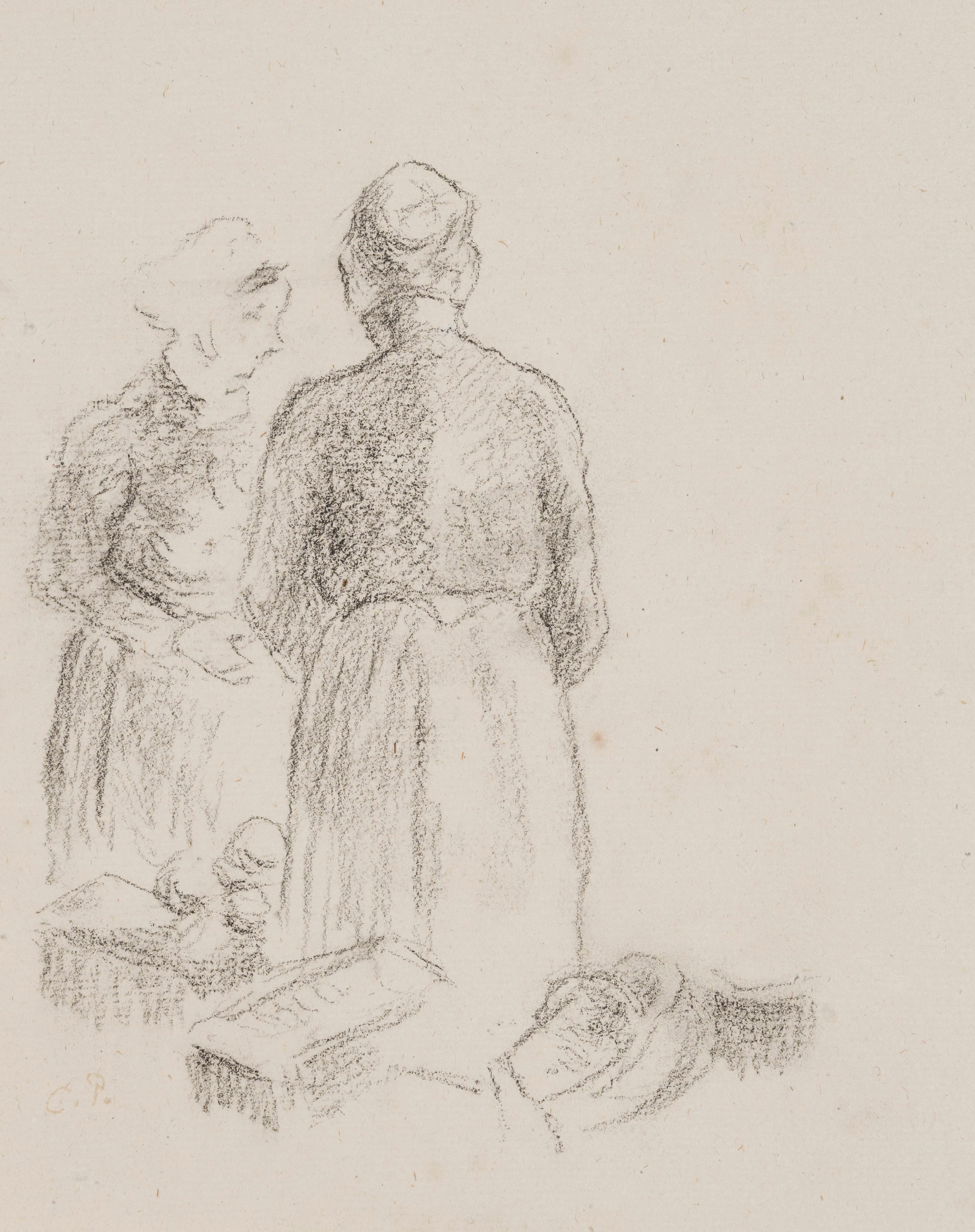 Au marché by Camille Pissarro - Work on paper, crayon, paper, Impressionist art