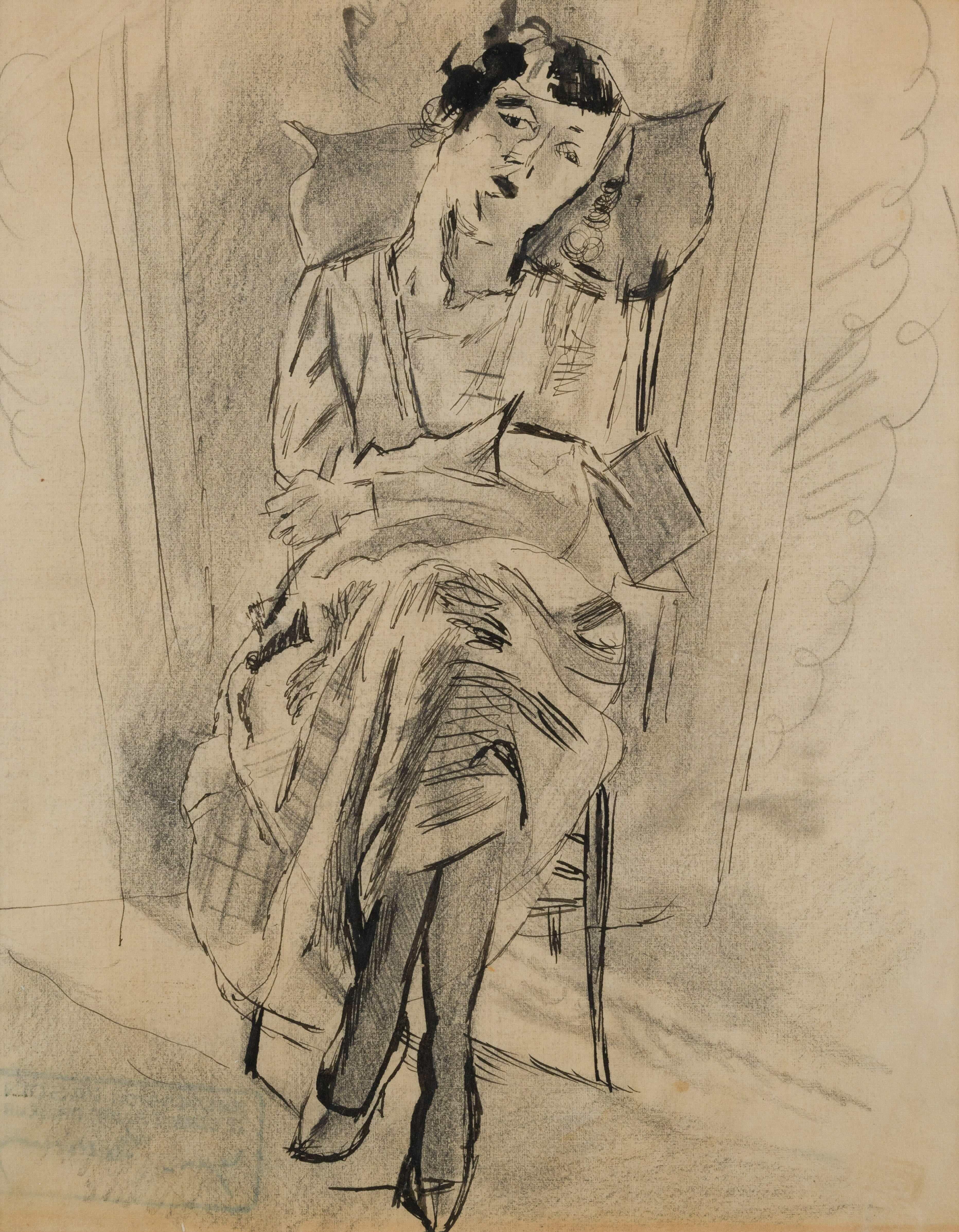 Femme assise by Jules Pascin - Mixed media, work on paper, portrait