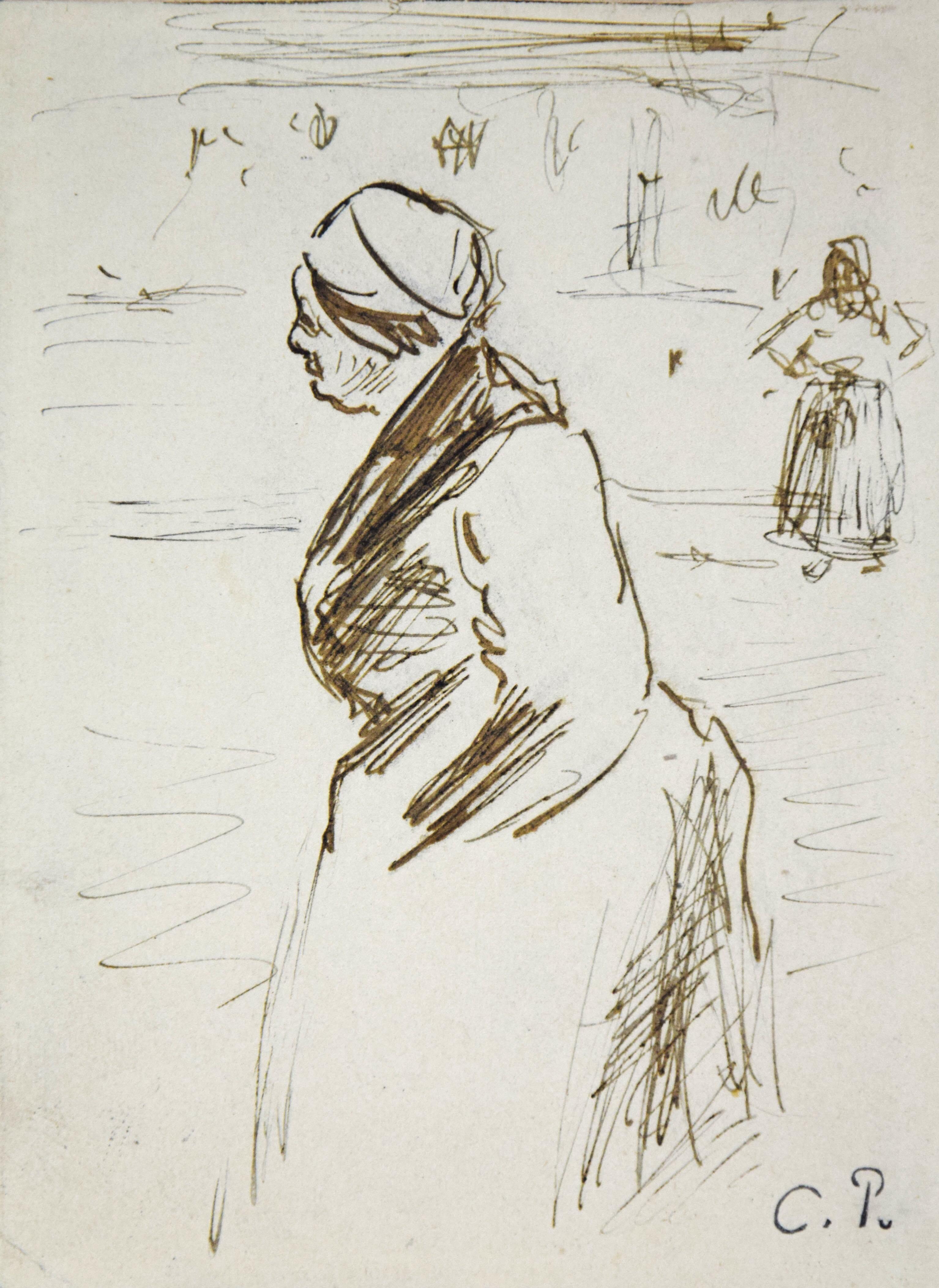 Au marché by Camille Pissarro - Drawing, Ink on paper, Impressionist art