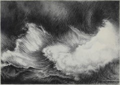 Large black and white drawing titled 'Waves' by French artist Yvon Pissarro 