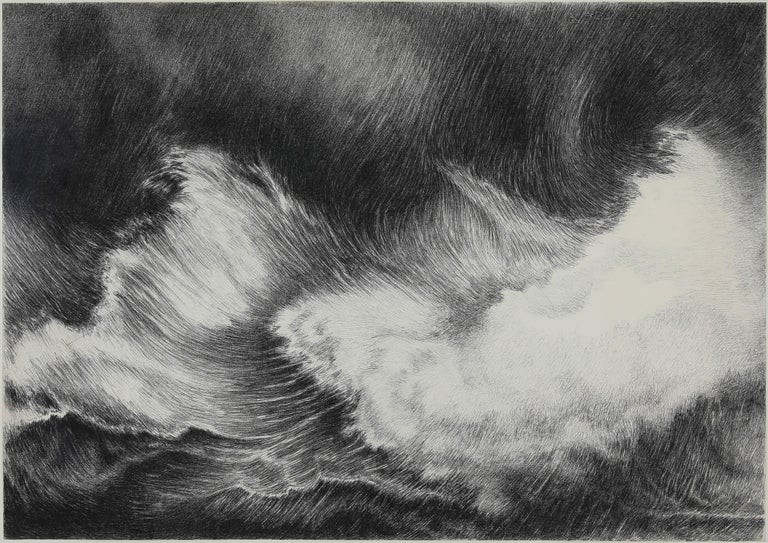 Large black and white drawing titled 'Waves' by French artist Yvon Pissarro  - Art by Yvon Pissarro