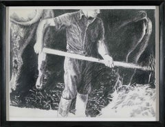 Large black and white drawing by Yvon Pissarro titled Farmhand in a Cowshed