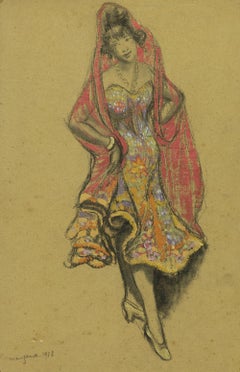 Élégante au Châle Rose, Mixed Media on Paper by Georges Manzana Pissarro, 1913