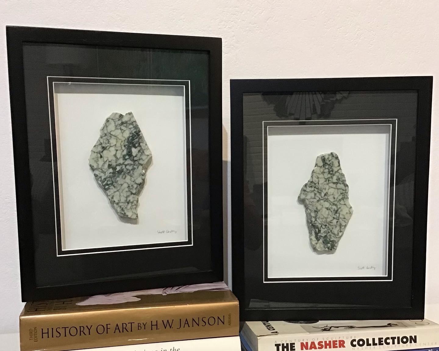 This pair of 11x14 inch (12x15 in framed) Campan Vert Marble works of art have been created by Scott Gentry using real stones from his sculpture creation process. Each stone is lovingly and painstakingly hand-polished to accentuate its natural