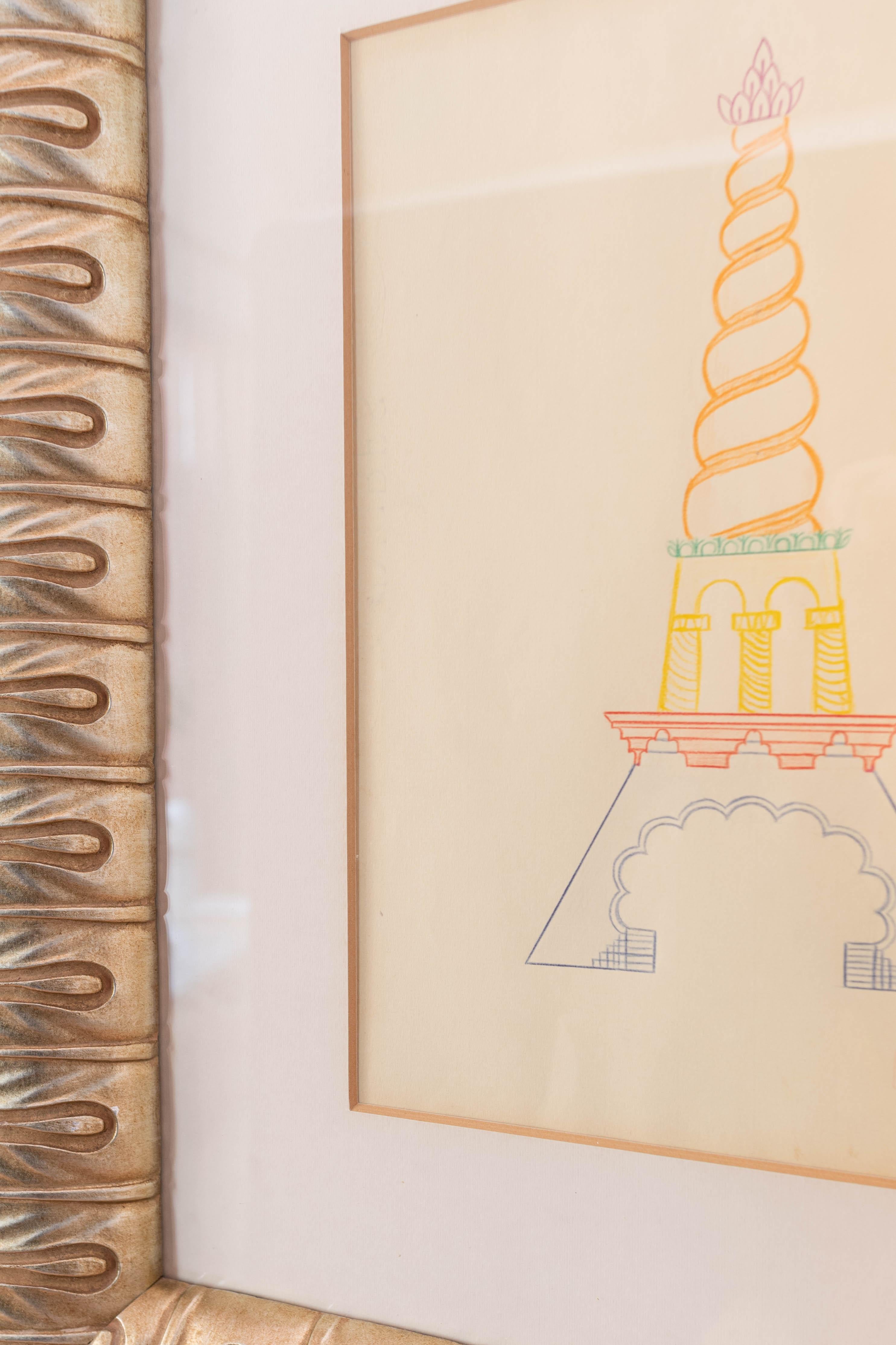 Disegno a matita su carta della colorata Torre Eiffel di Paloma Picasso (1972) 3