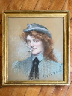 Vintage Portrait of a Woman with a Cigarette, circa 1910, pastel on paper