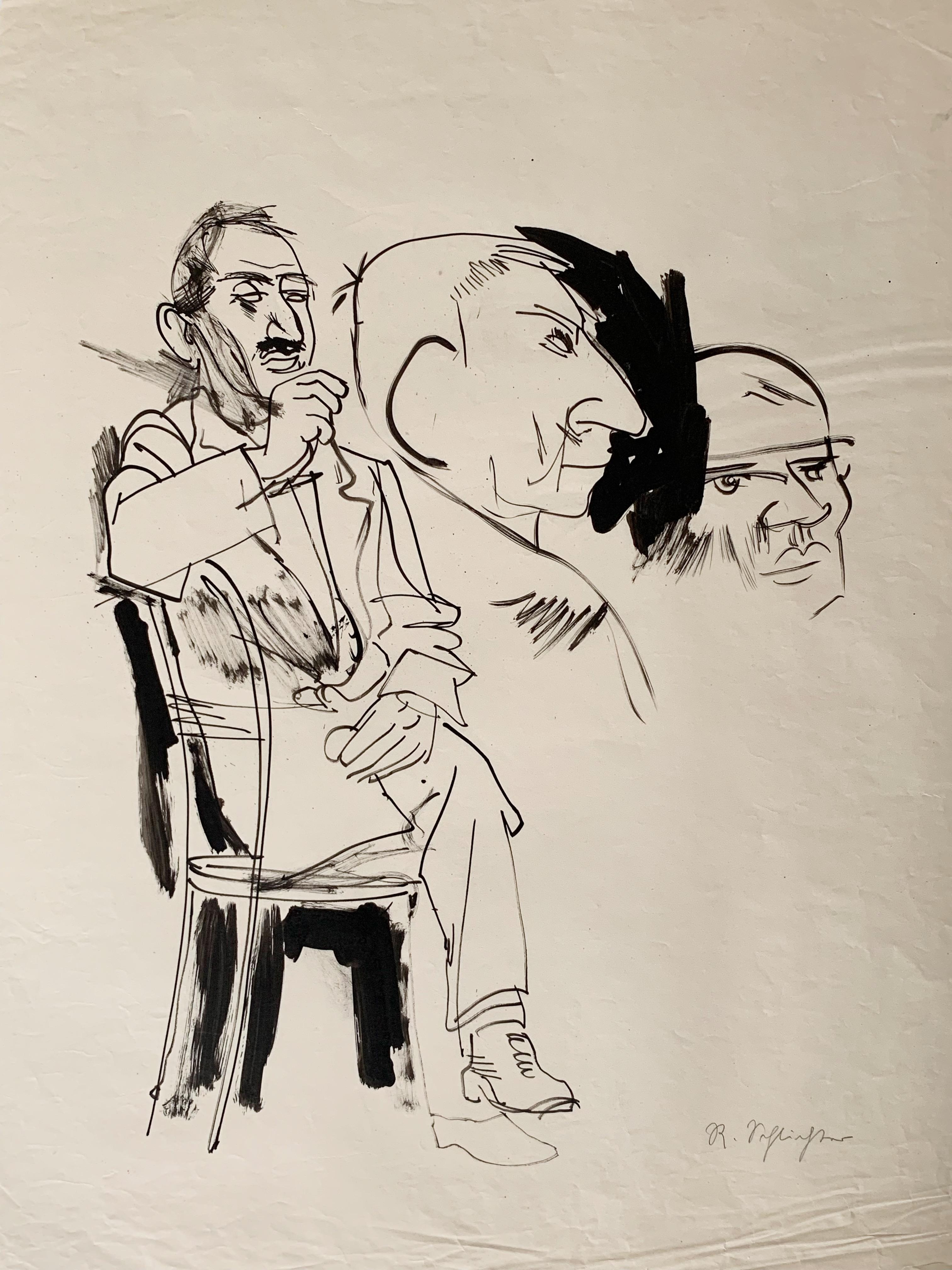 Rudolf Schlichter Portrait - Seated man ; head studies, india ink on paper