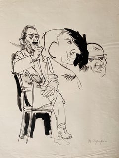 Seated man ; head studies, india ink on paper