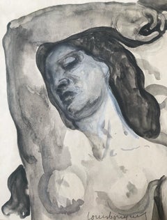 Bust of a nude woman with her arm raised