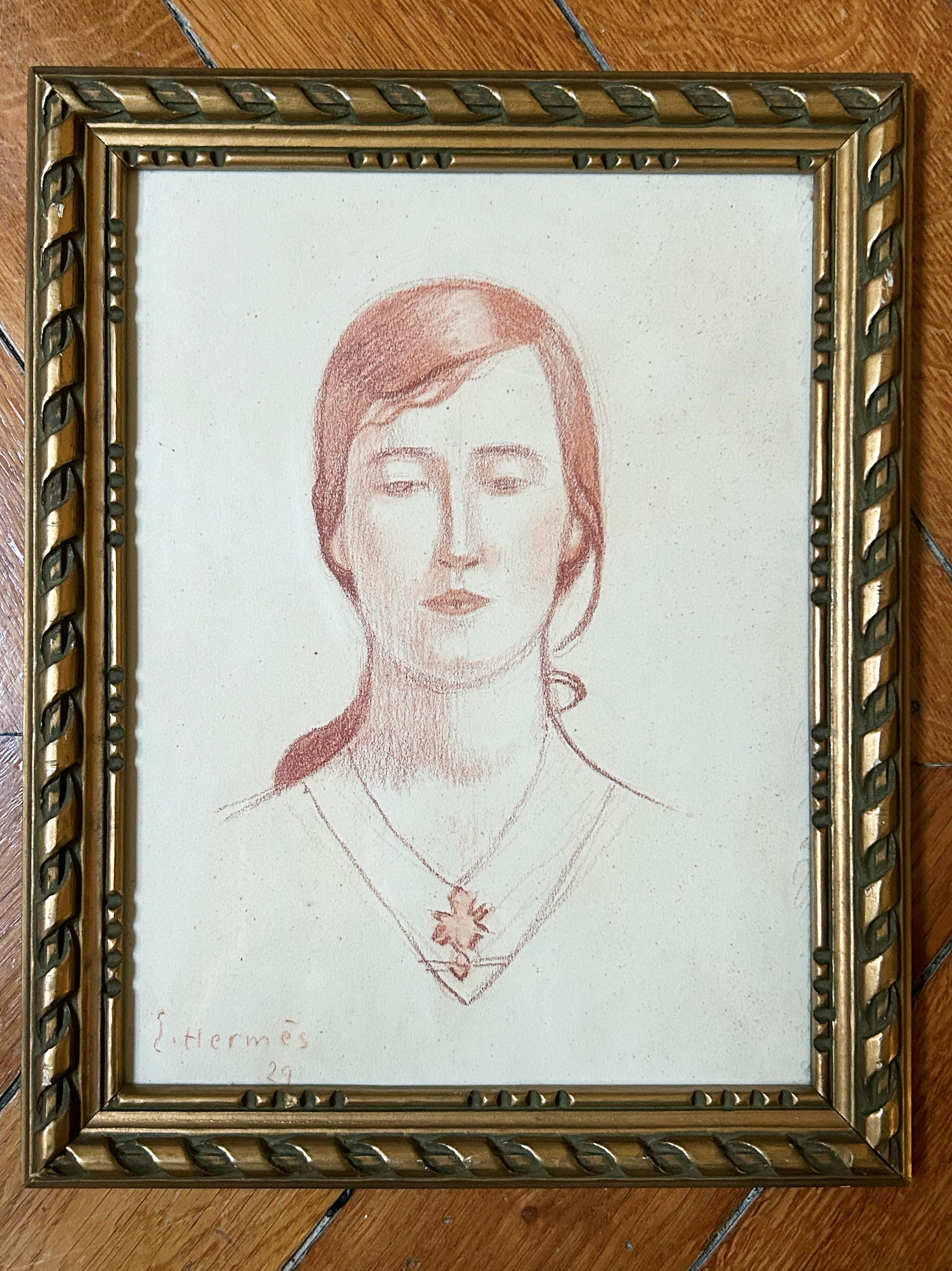 Portrait d'une femme, 1929, craie rouge sur papier - Art de Erich Hermes