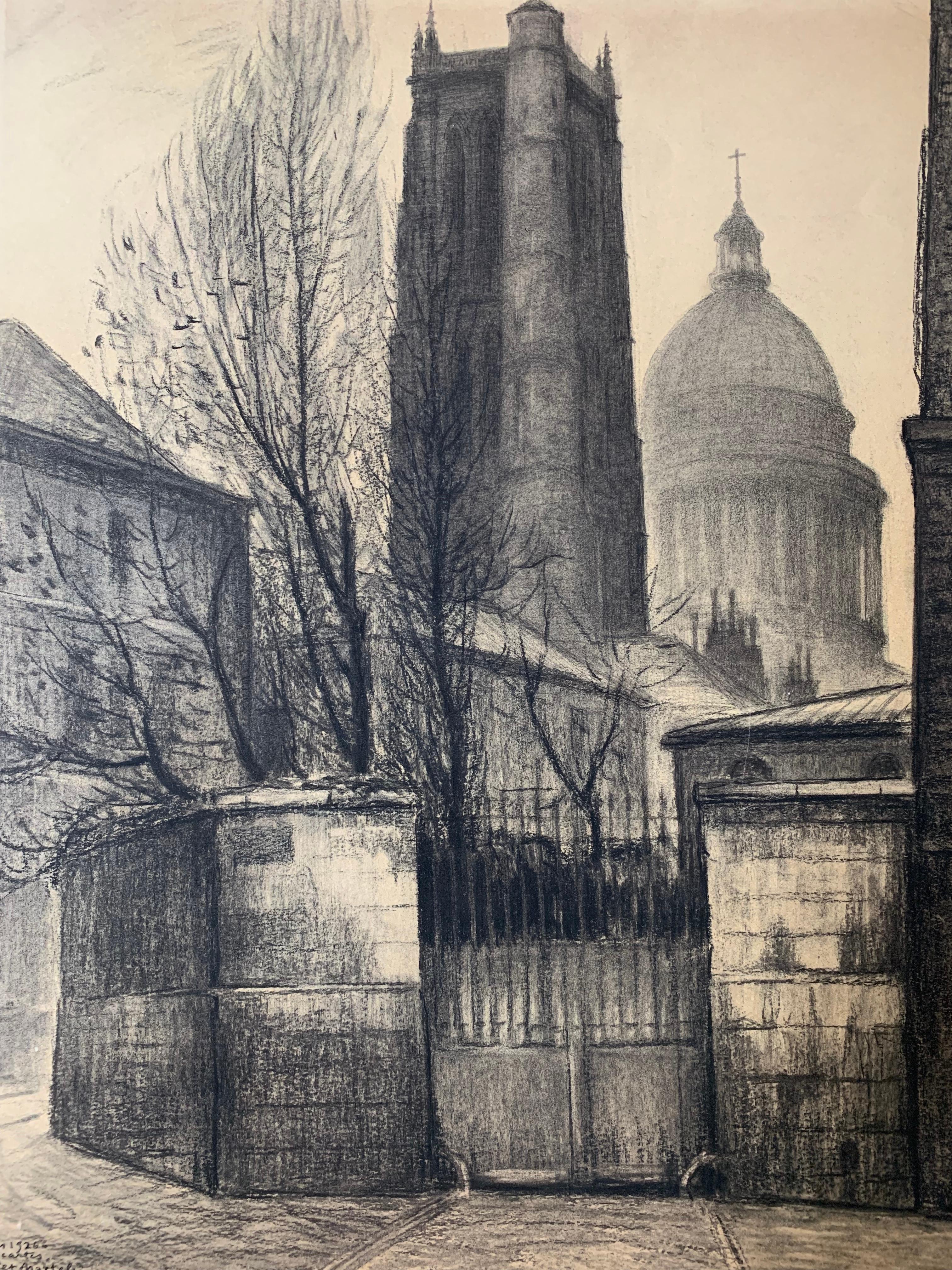 André Mantelet Martel Landscape Art - Paris, view of the Pantheon, 1926, charcoal