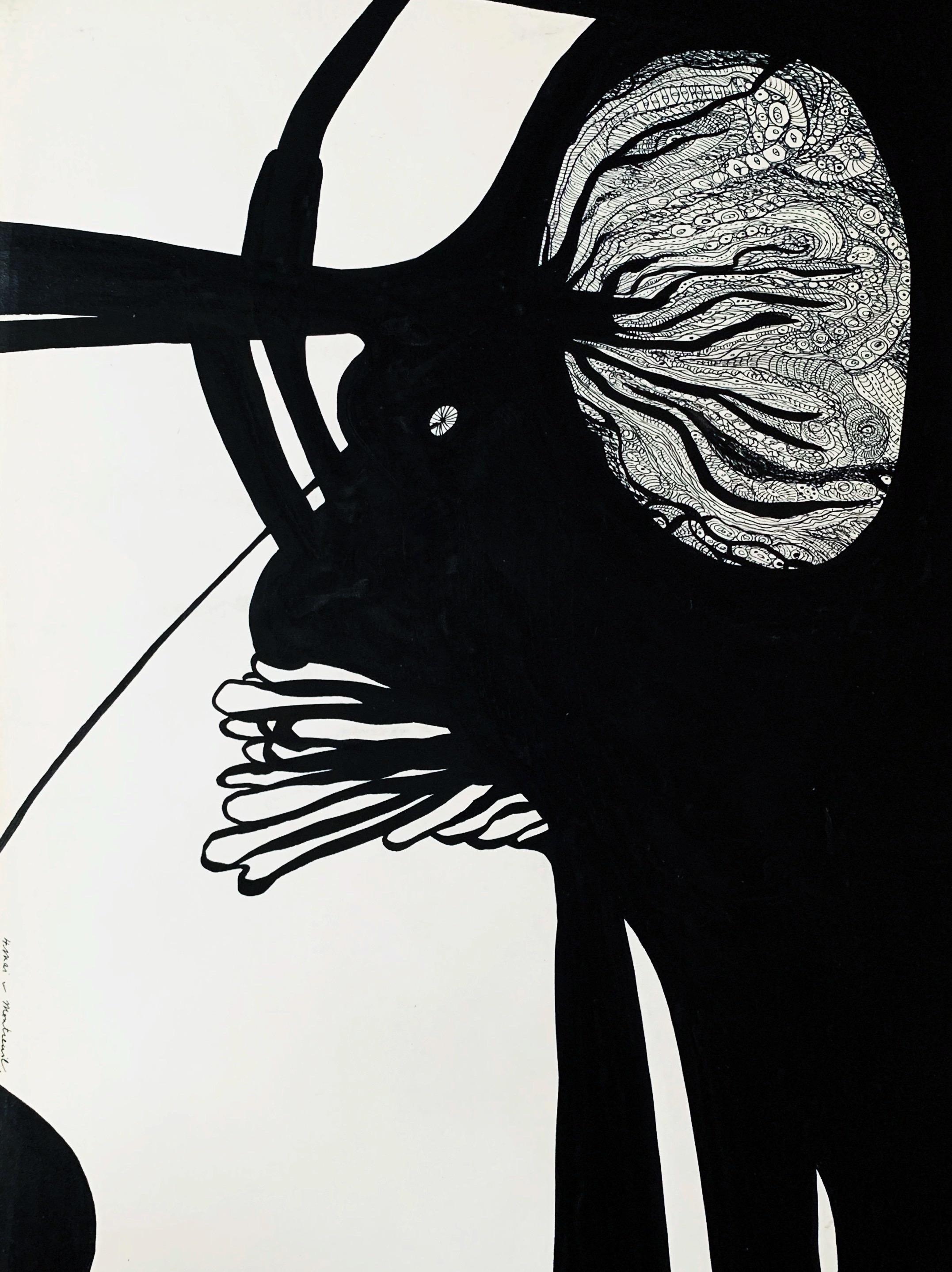 Zoomorphic composition, 1979, India ink on paper - Painting by Alena Nadvonikova