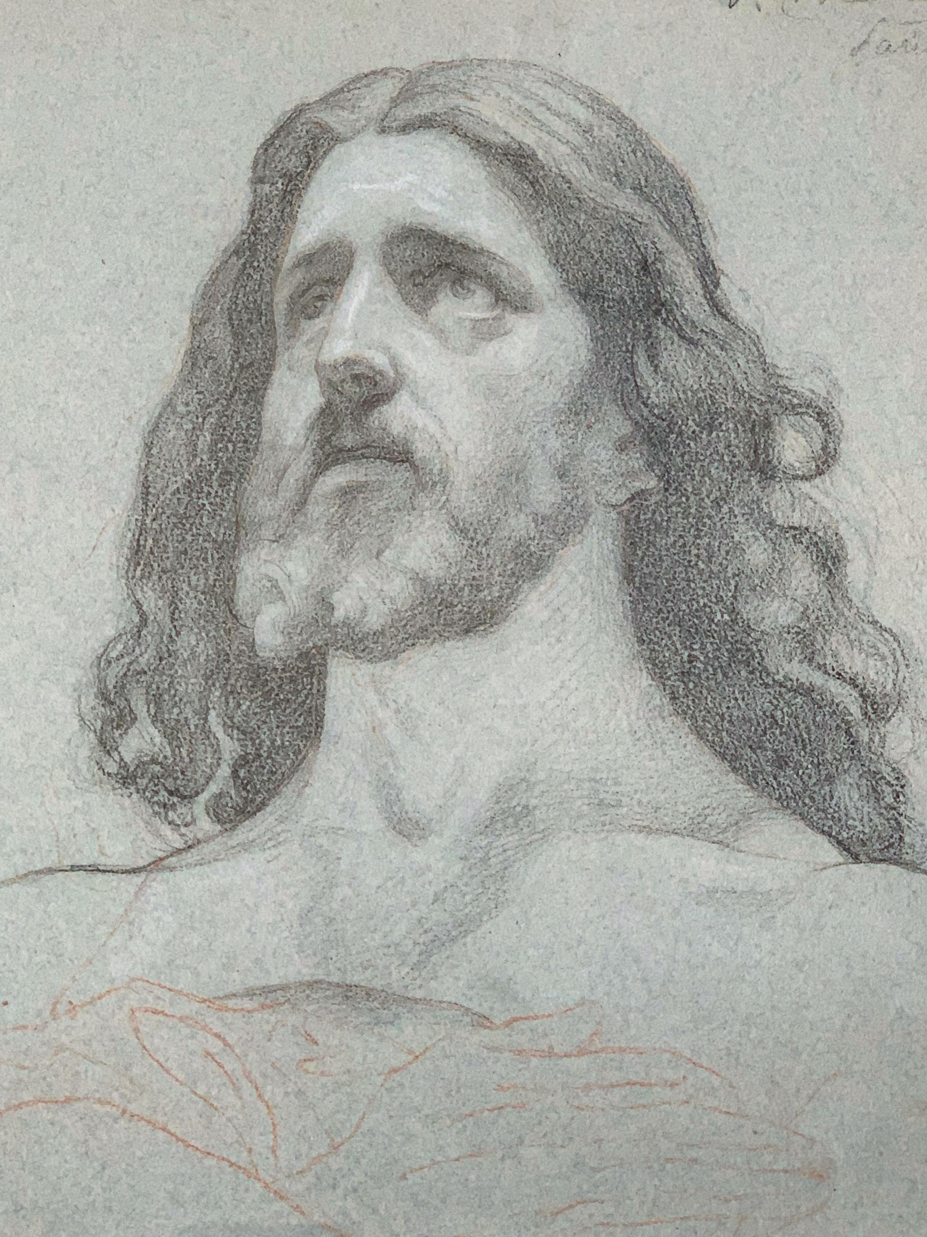 Figurative Art Victor François Eloi Biennourry - Étude du Christ croisée aux mains, trois crayons sur papier bleu