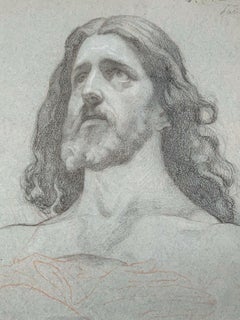 Antique Study of Christ, hands crossed, three pencils on blue paper