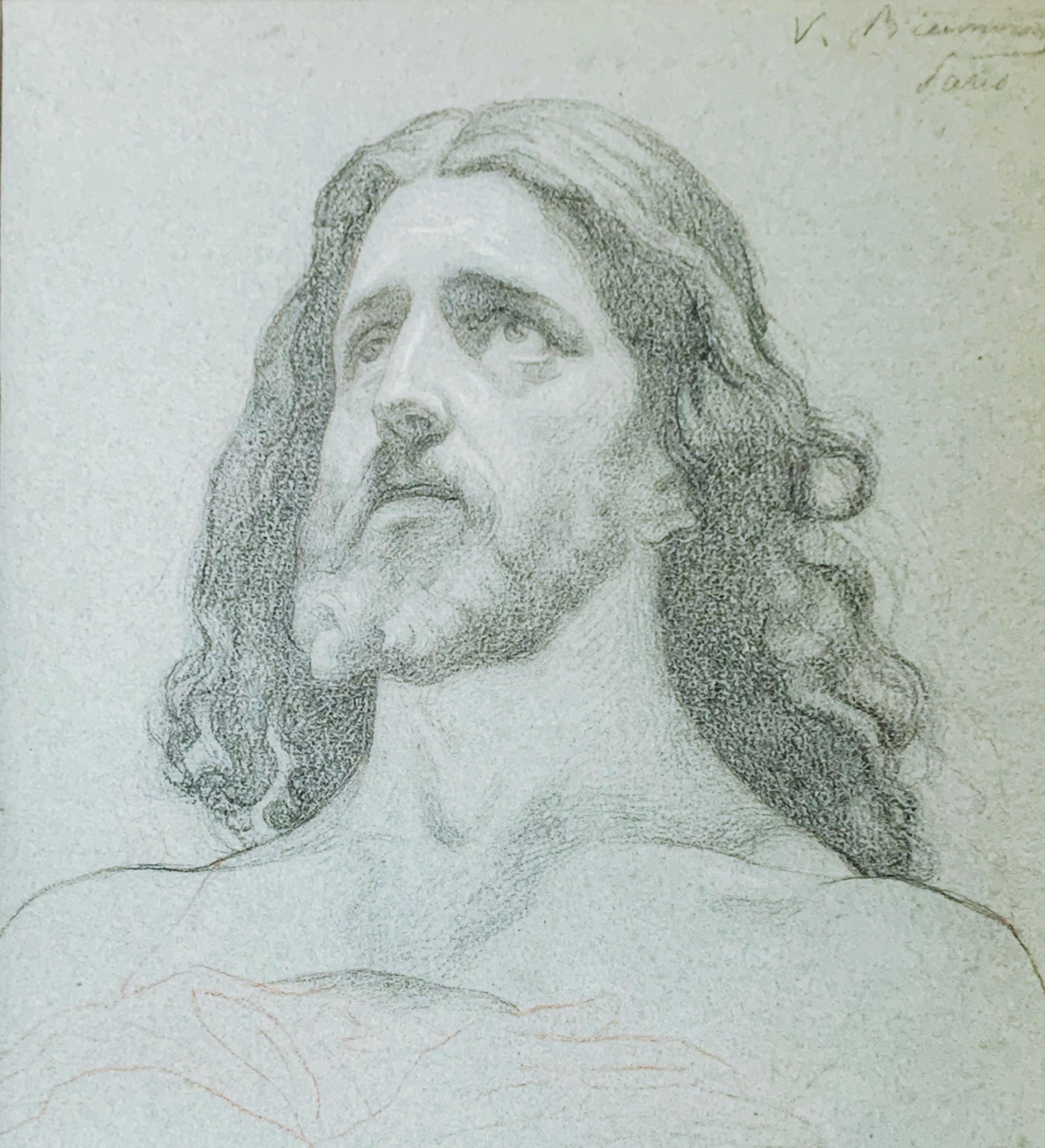 Study of Christ, hands crossed, three pencils on blue paper - Art by Victor François Eloi Biennourry