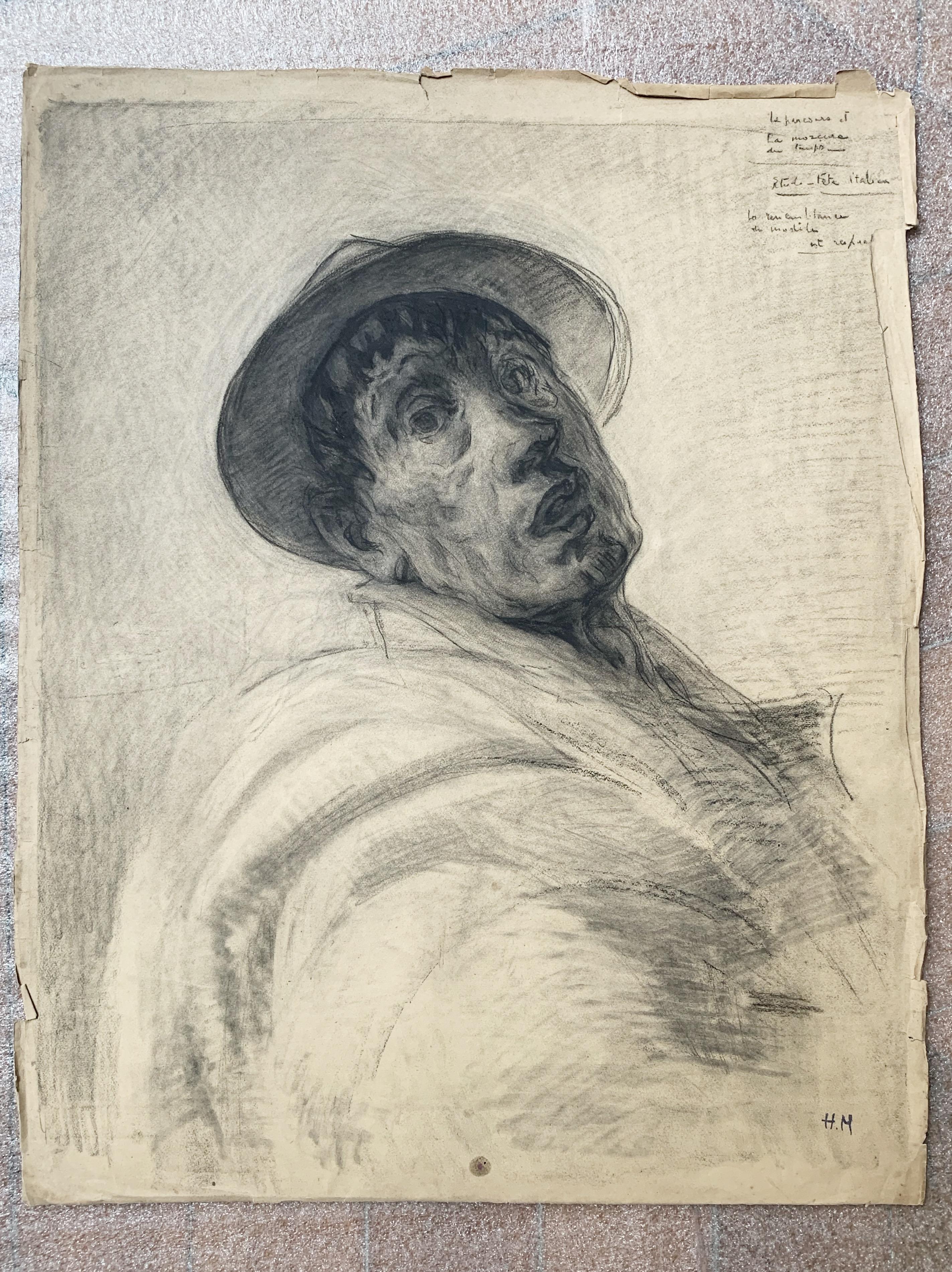 Autoritratto, 1940 circa, Matita di grafite e carboncino su carta - Art di Henry Mirande