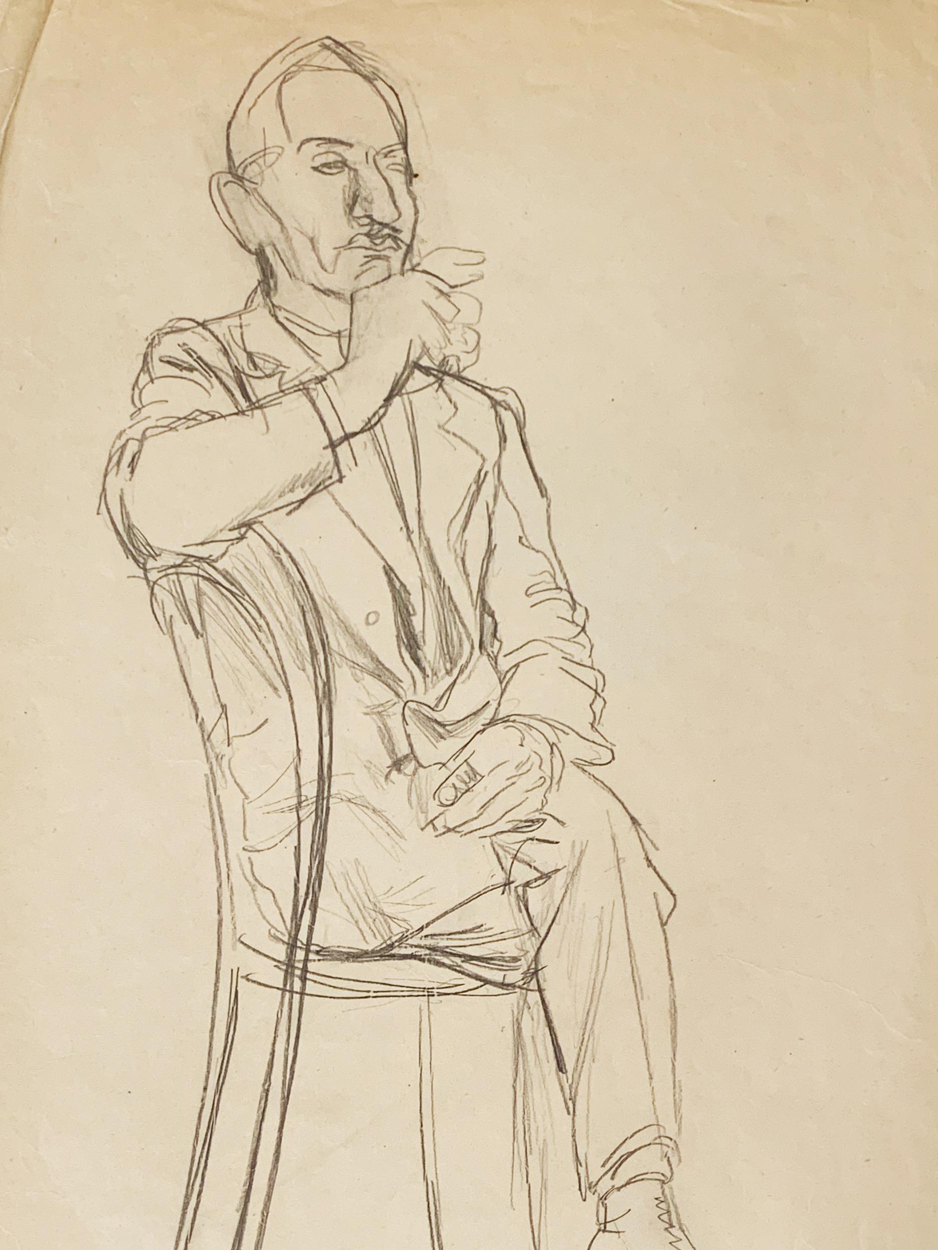 Rudolf Schlichter  Portrait – Man sitzt mit einer Zigarette, schwarzer Stein auf Papier, regiert