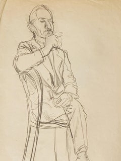 Man sitting with a cigarette, black stone on paper, siigned