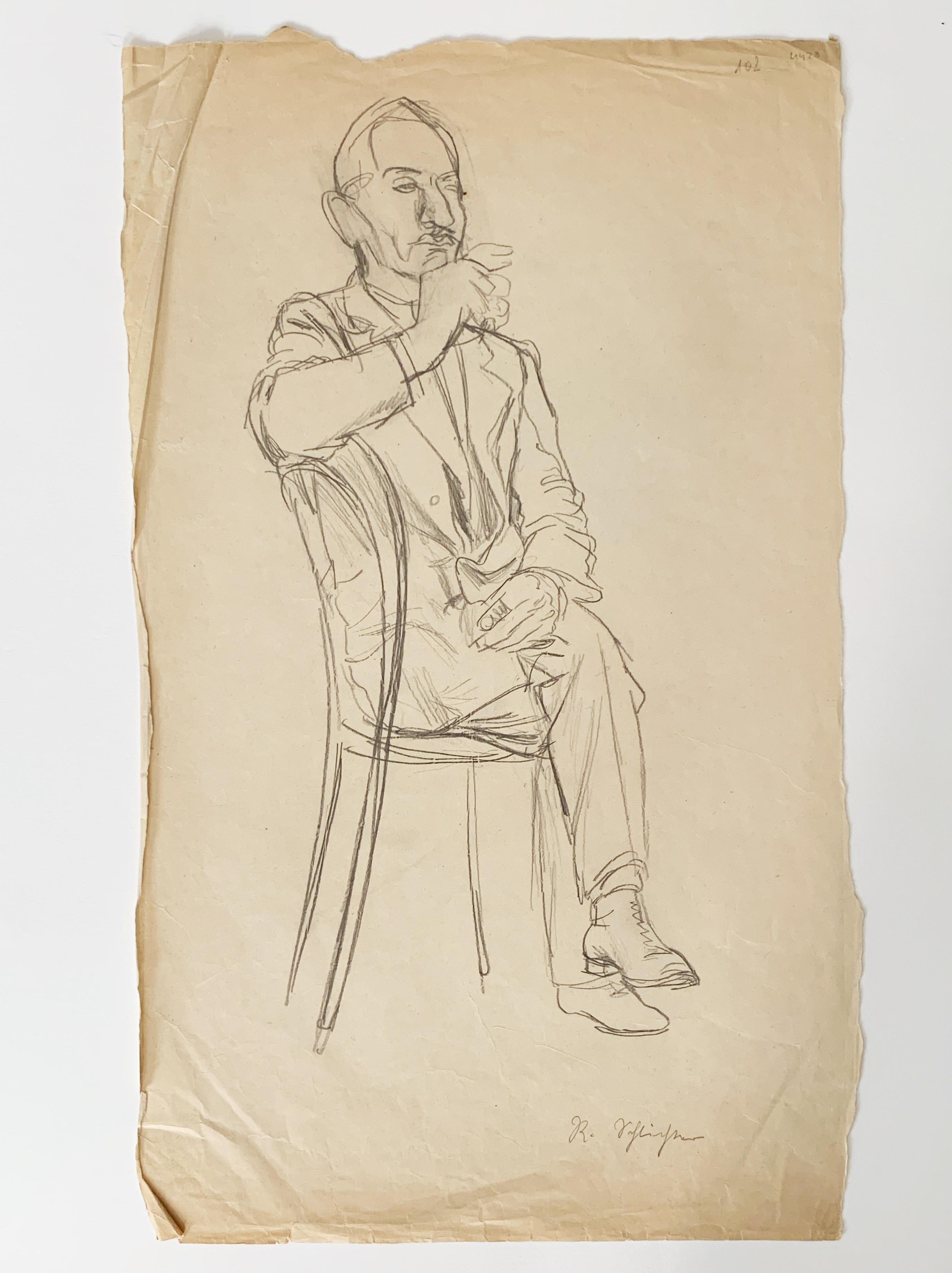 Man sitting with a cigarette, black stone on paper, siigned - Art by Rudolf Schlichter 