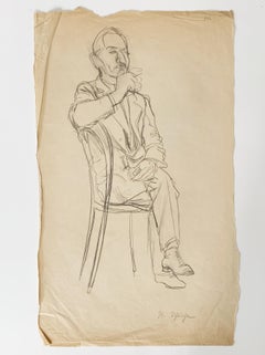 Man assis avec une cigarette, pierre noire sur papier,