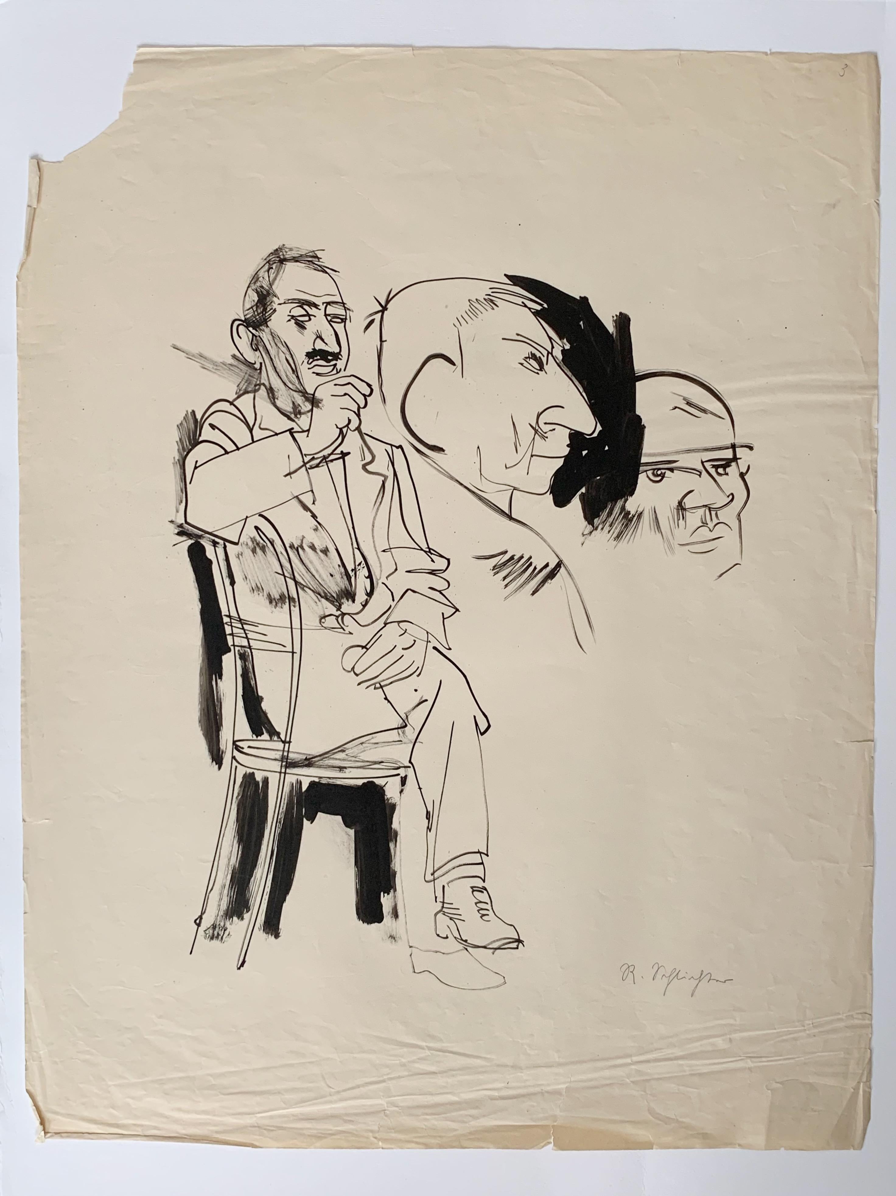 Seated man ; head studies, india ink on paper - Art by Rudolf Schlichter