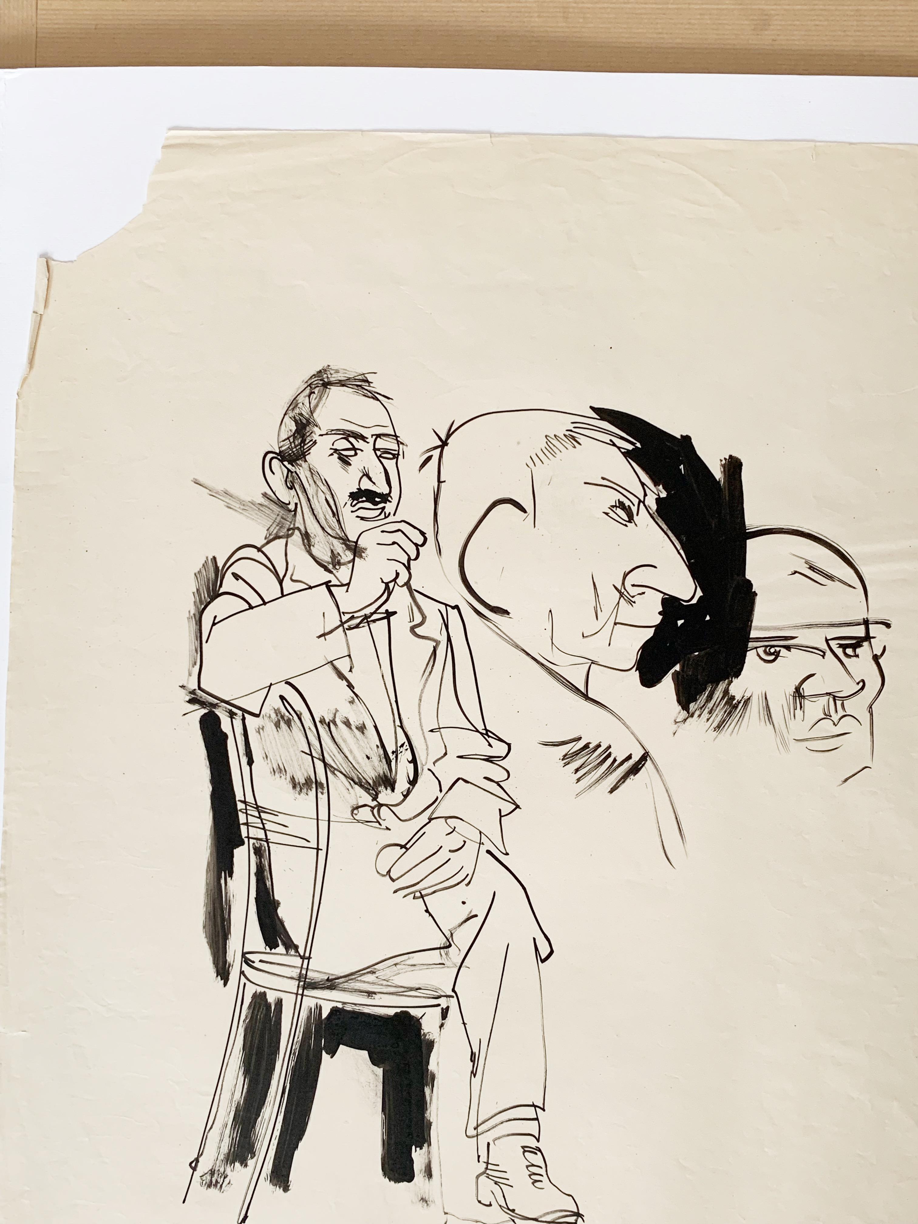 Seated man ; head studies, india ink on paper For Sale 1