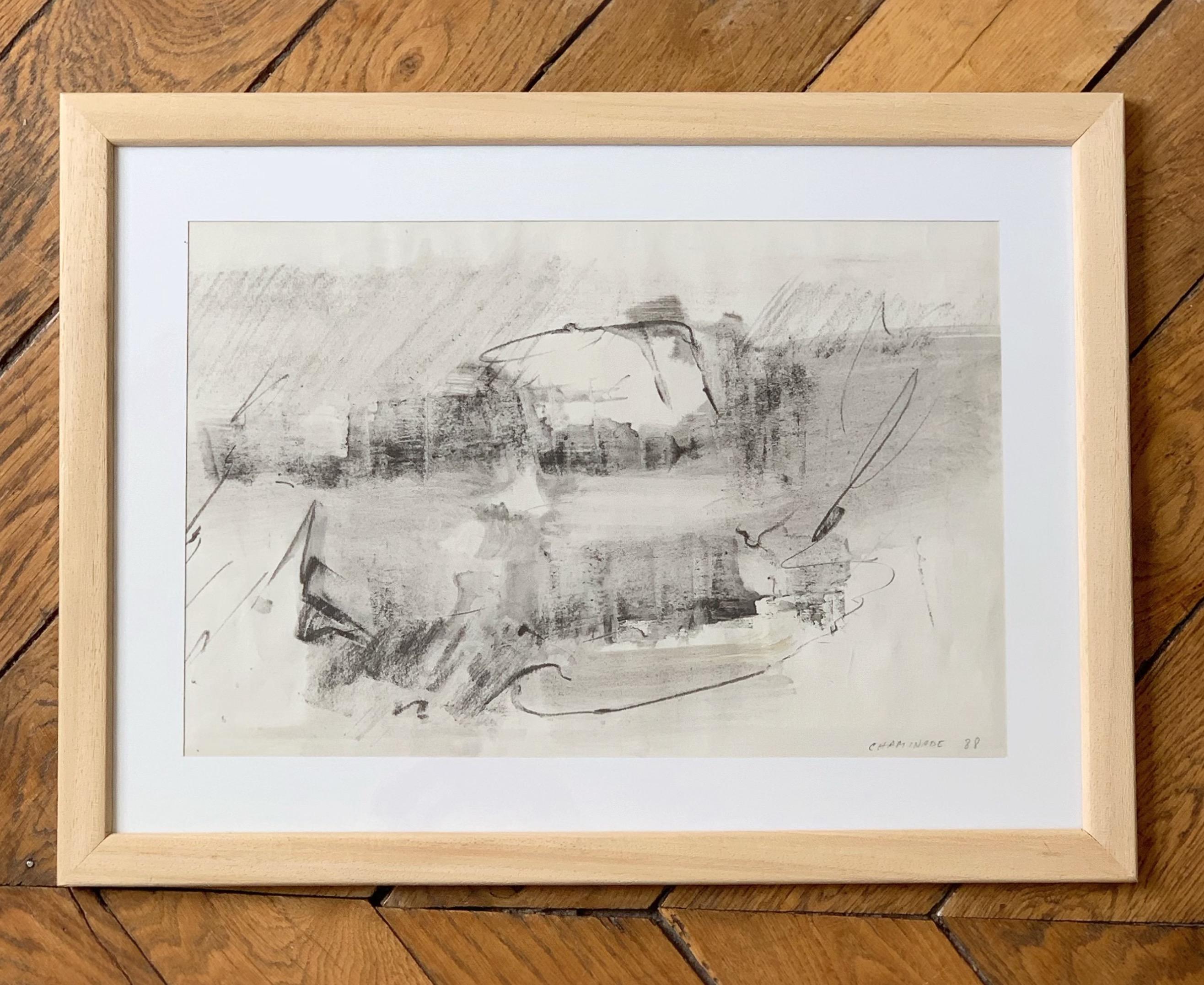 Albert Chaminade Abstract Drawing – Abstrakte Komposition, 1988, Kohle und Tuschewaschung auf Papier