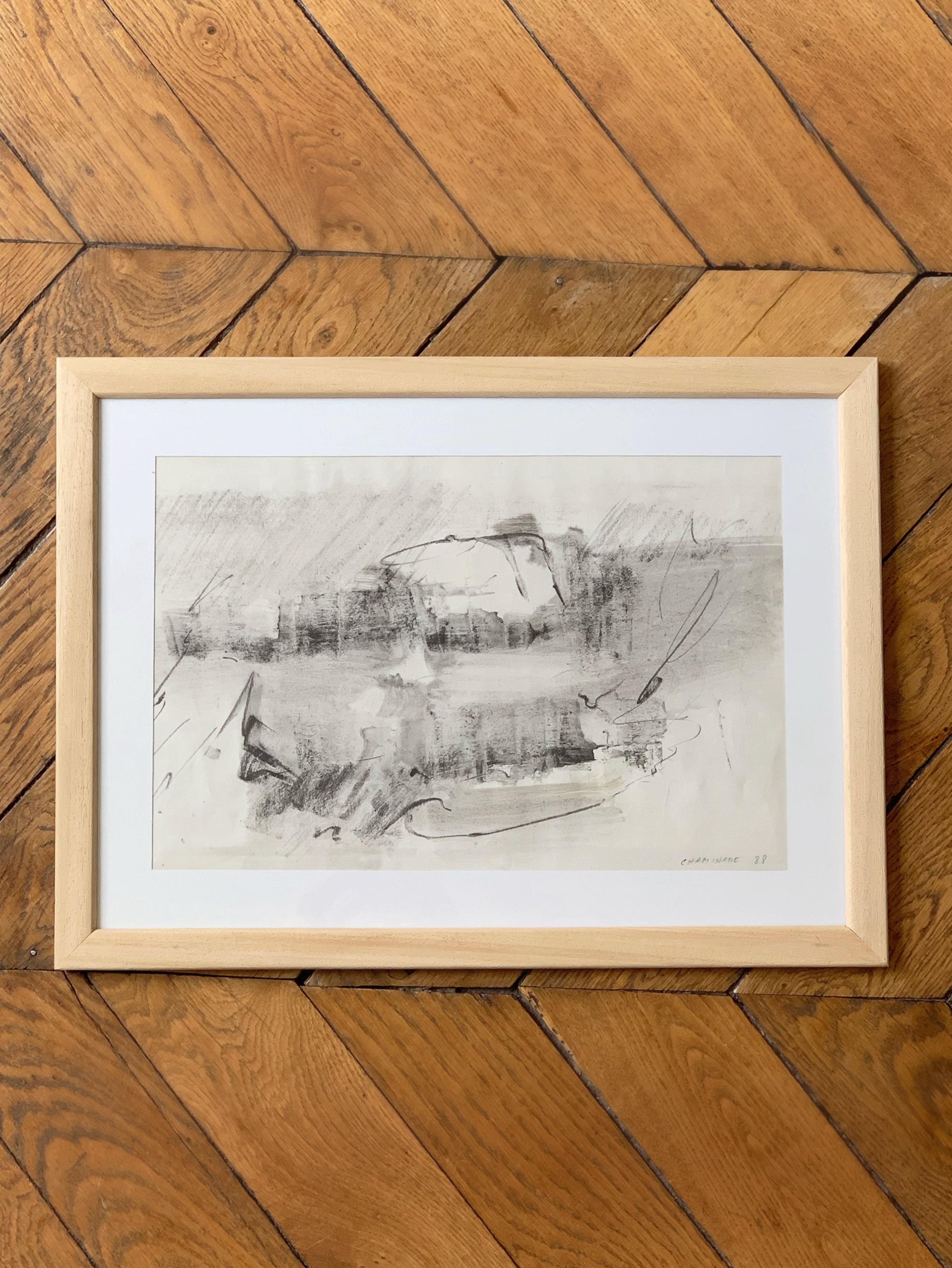 Abstrakte Komposition, 1988, Kohle und Tuschewaschung auf Papier – Art von Albert Chaminade