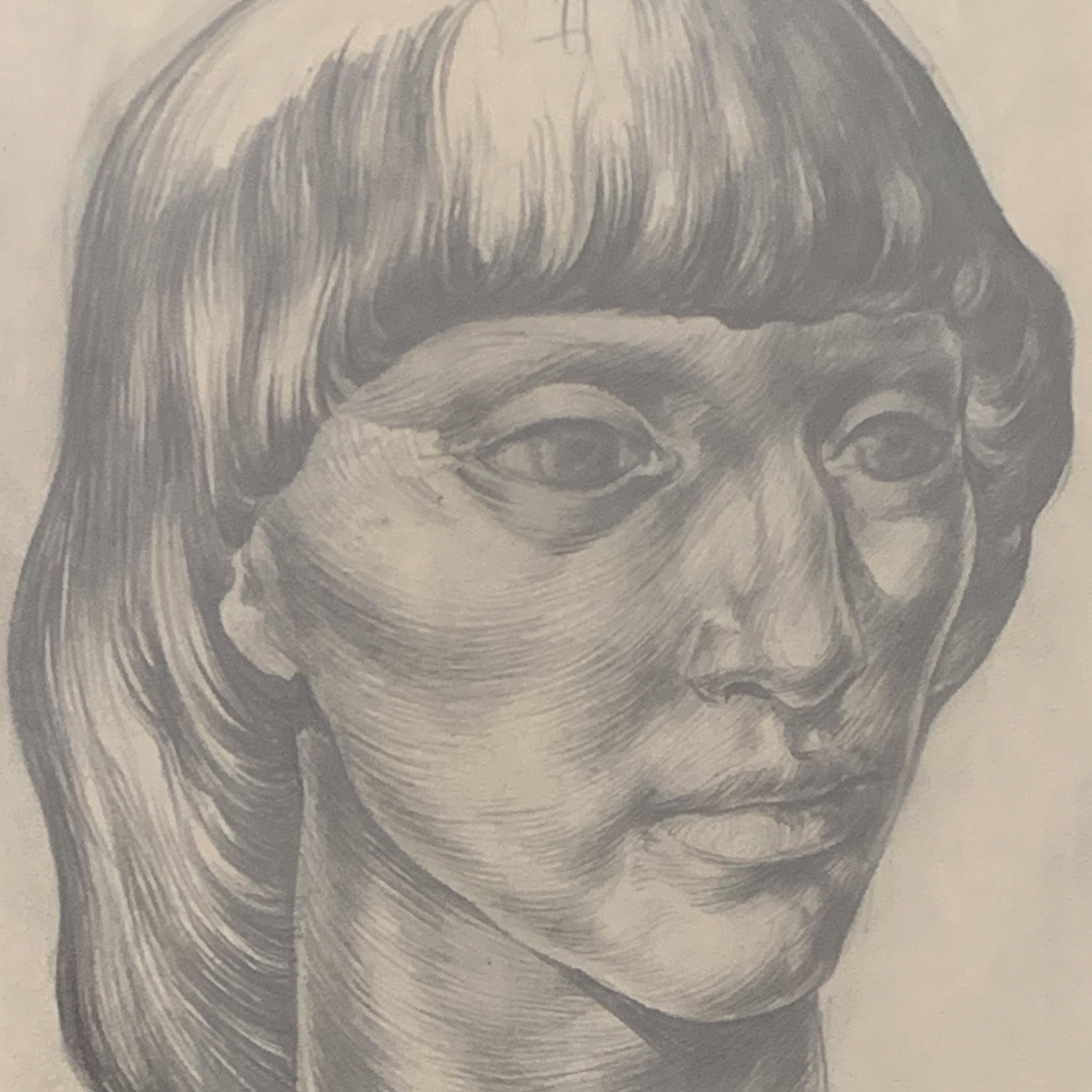 Portrait, tête de femme, 1959, crayon sur papier - Art de Marc Dautry