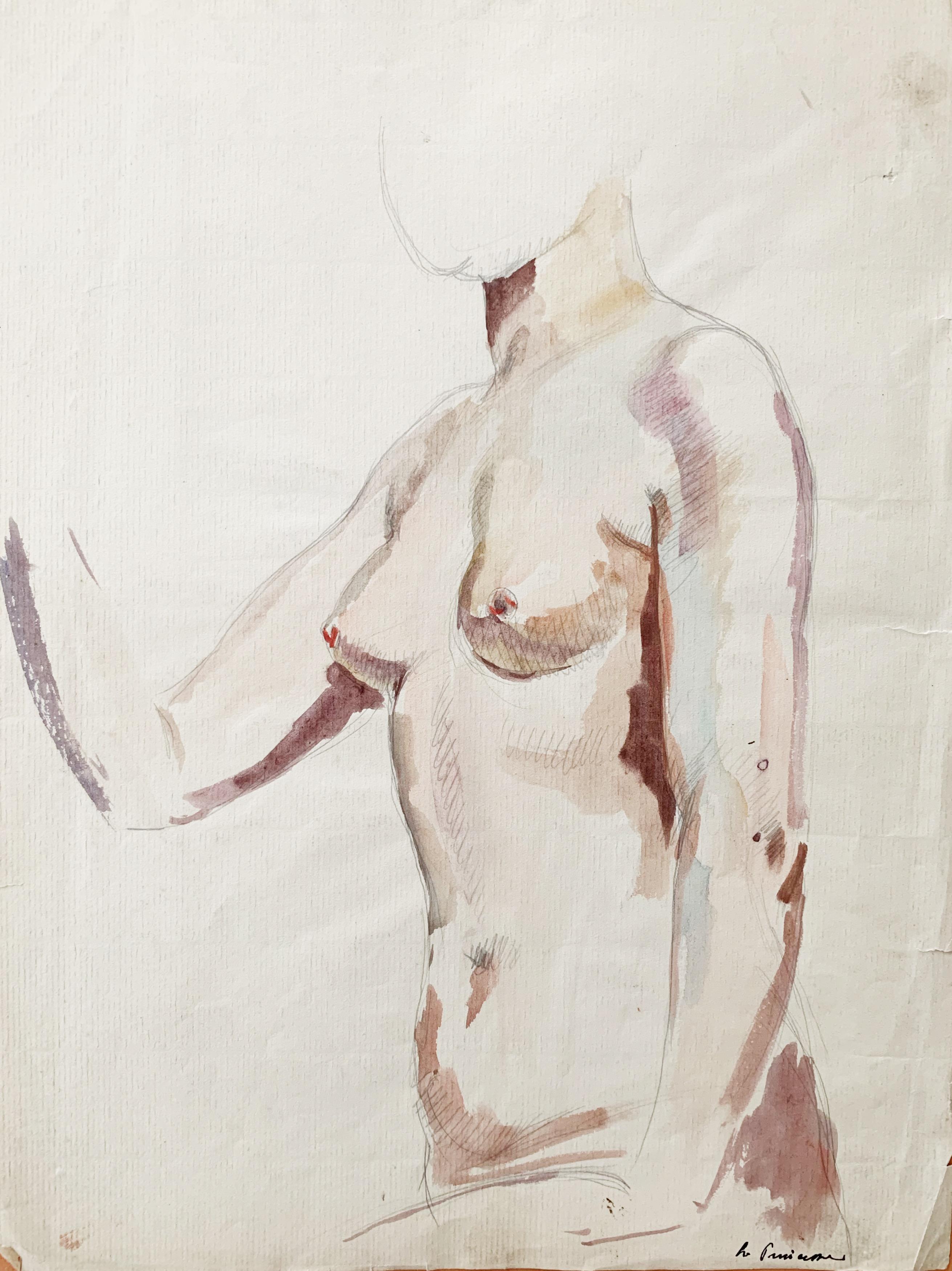 Raphaël Delorme Nude Painting - Study, preparatory work for “La Princesse”, watercolor and pencil on paper