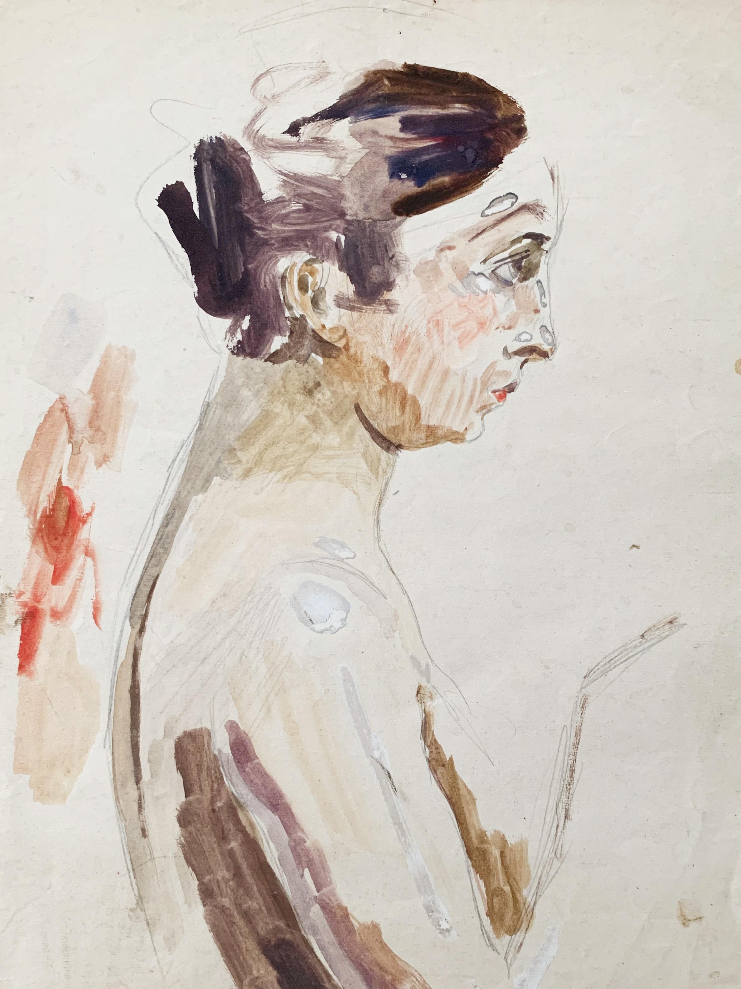 Raphaël Delorme Nude – Frau im Profil, Aquarell und Bleistift auf Papier