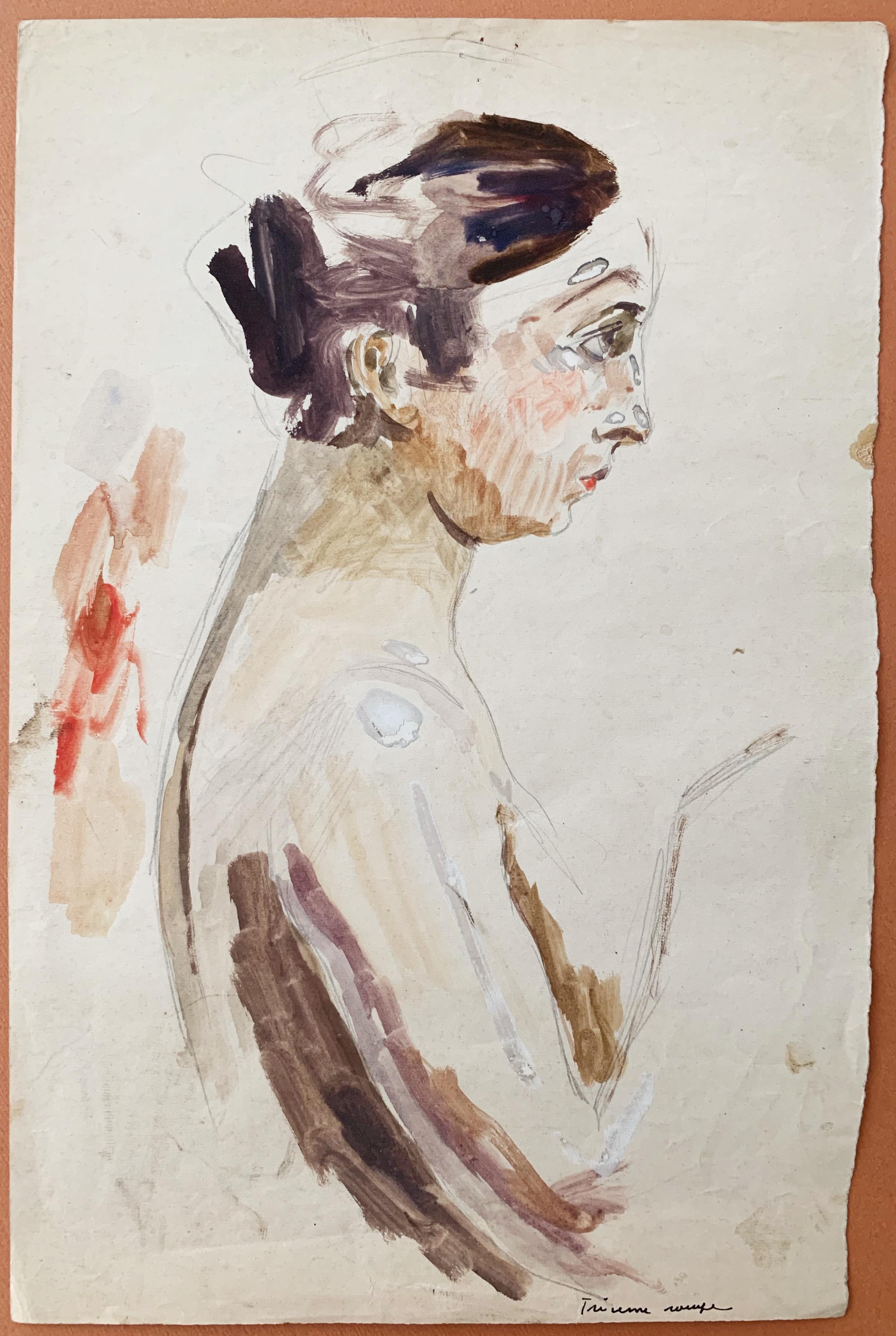 Frau im Profil, Aquarell und Bleistift auf Papier – Art von Raphaël Delorme