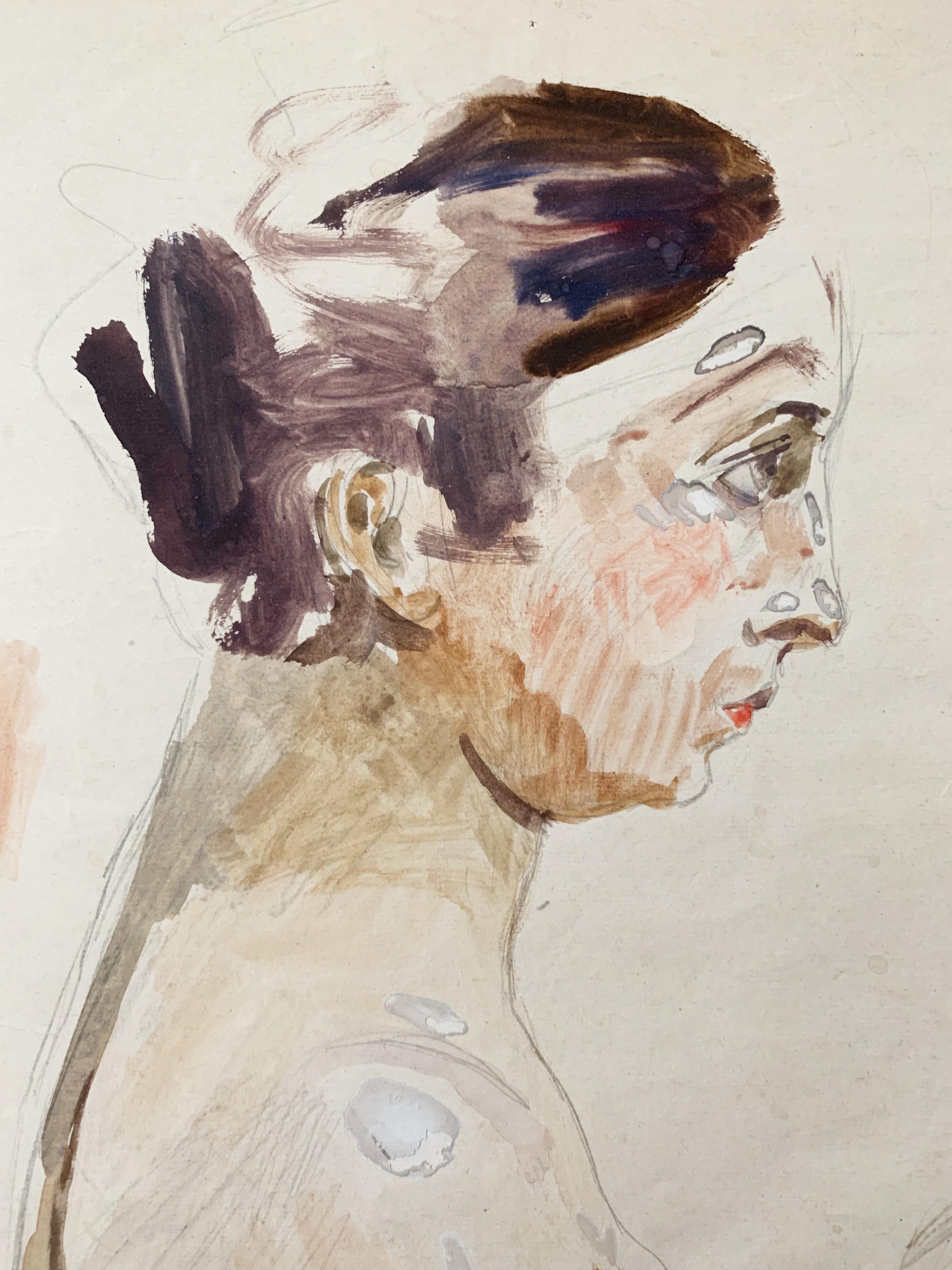 Woman in profile, watercolor and pencil on paper - Art Deco Art by Raphaël Delorme