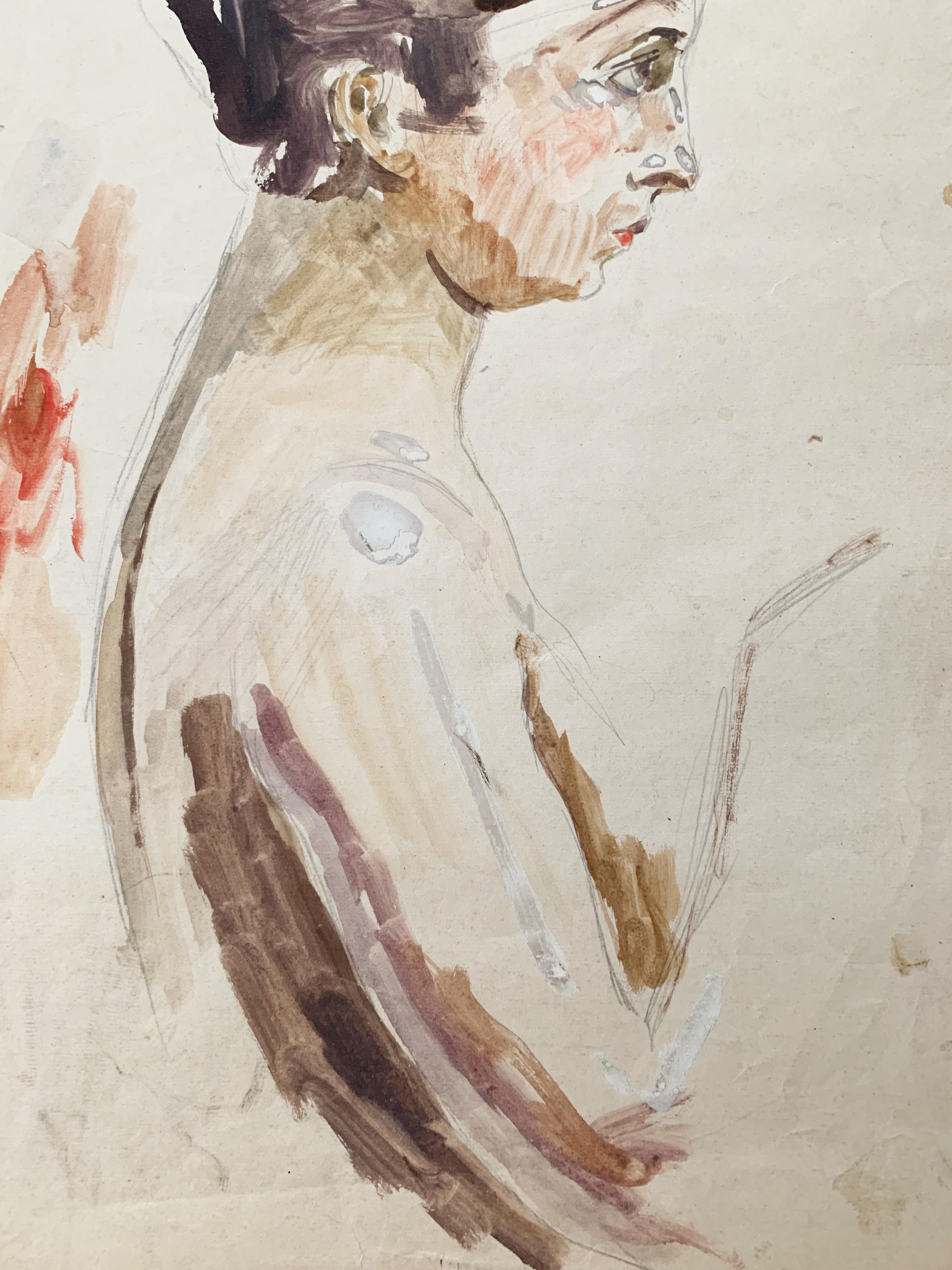 Raphael DELORME (1886-1962)
Study of a woman in profile
Watercolor, gouache and pencil on paper
Illegible annotation in the lower right corner
31 x 20 cm
Small needle holes at the top, small stains

Born in 1885 in Bordeaux, Raphaël Delorme is one