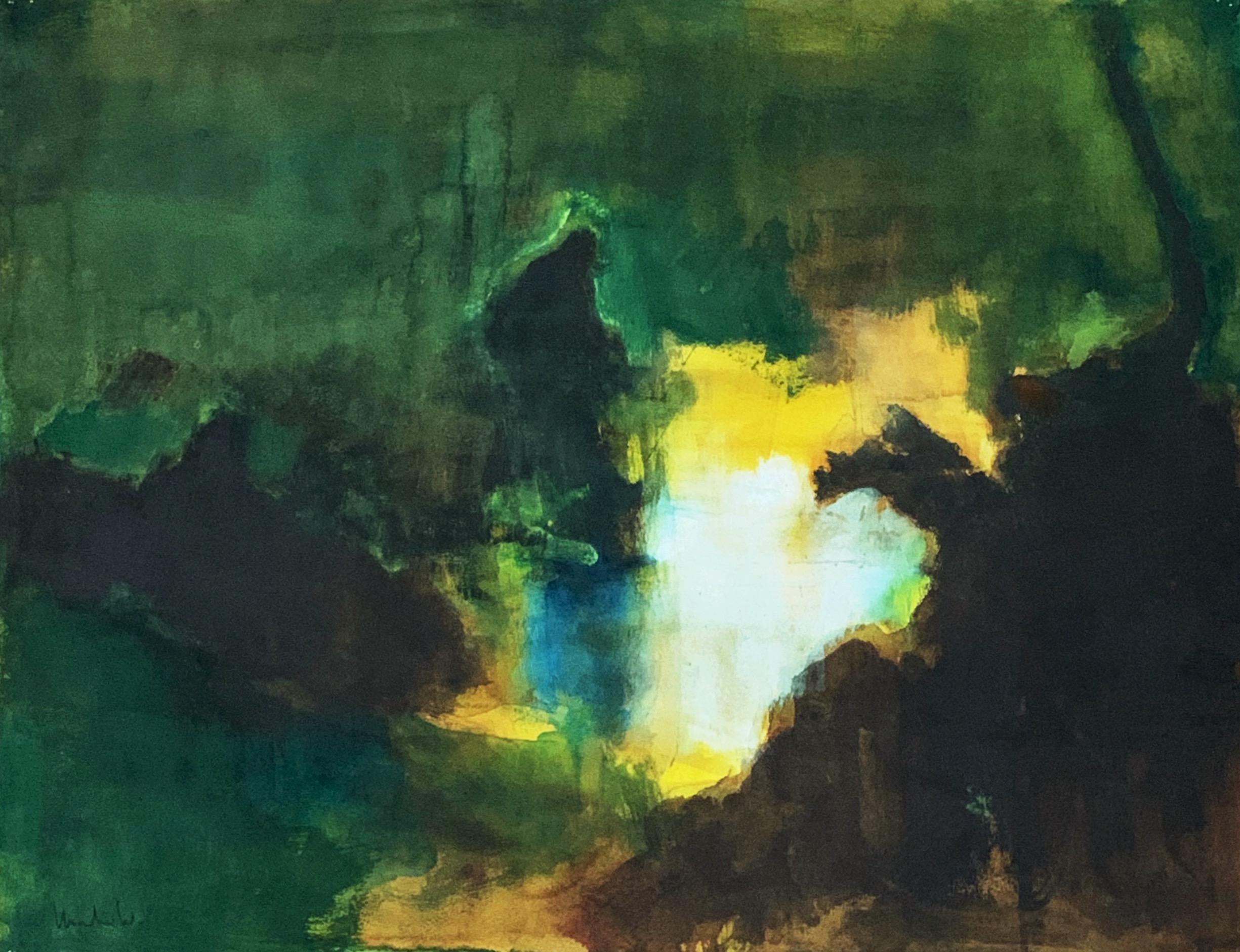Composition verte et jaune, aquarelle et gouache sur papier - Painting de Pierre Montheillet