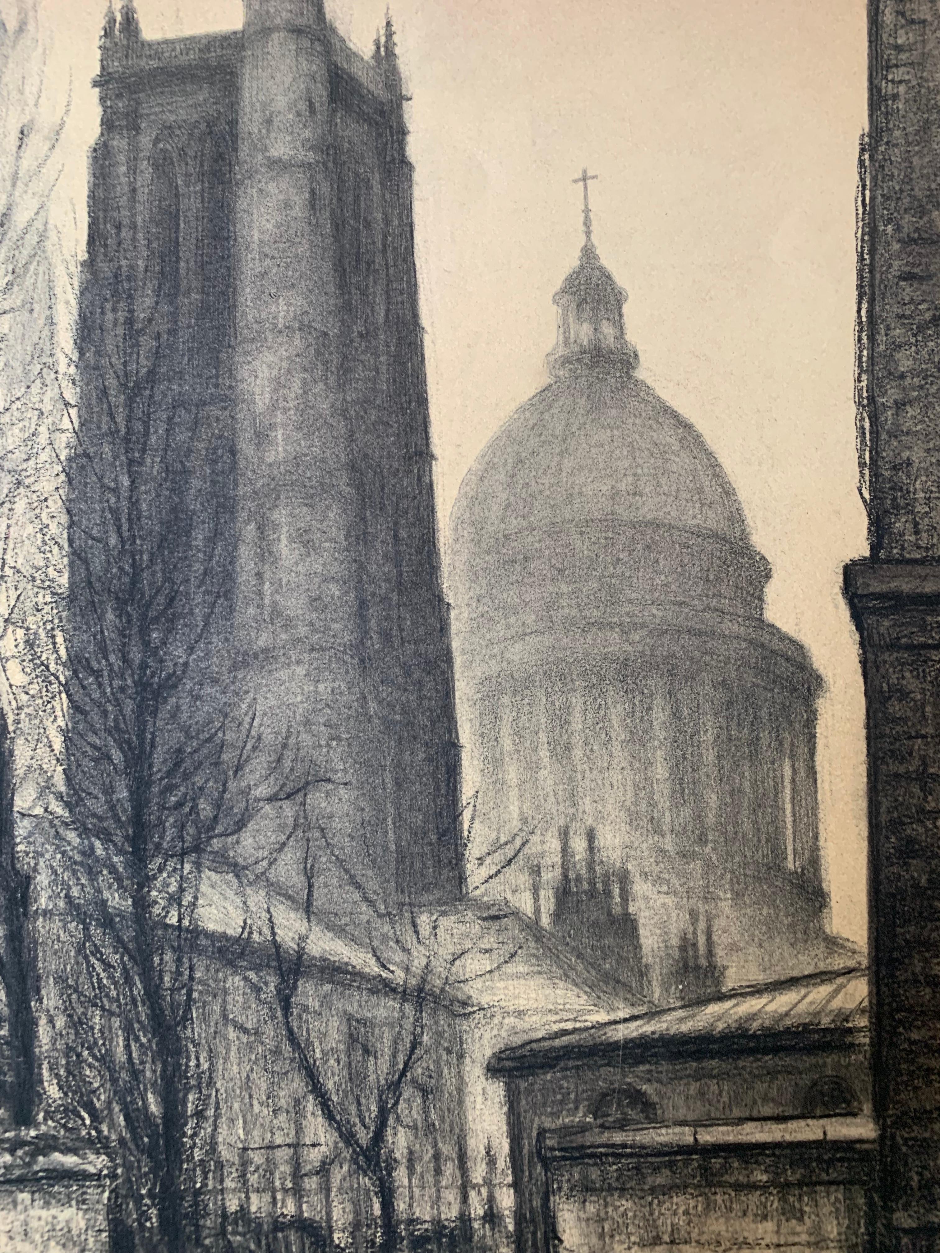 Paris, view of the Pantheon, 1926, charcoal For Sale 1