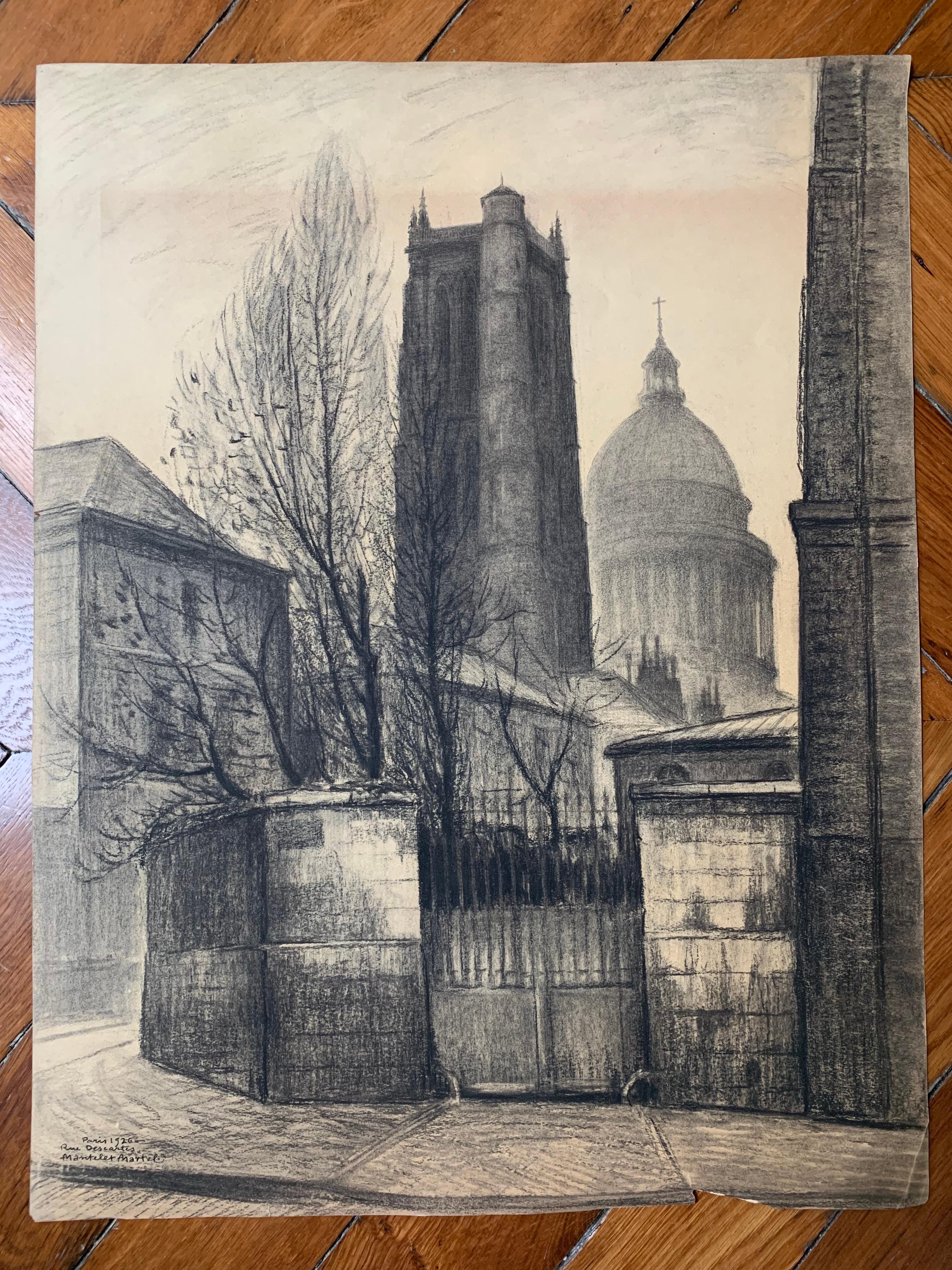 Paris, view of the Pantheon, 1926, charcoal - Art by André Mantelet Martel