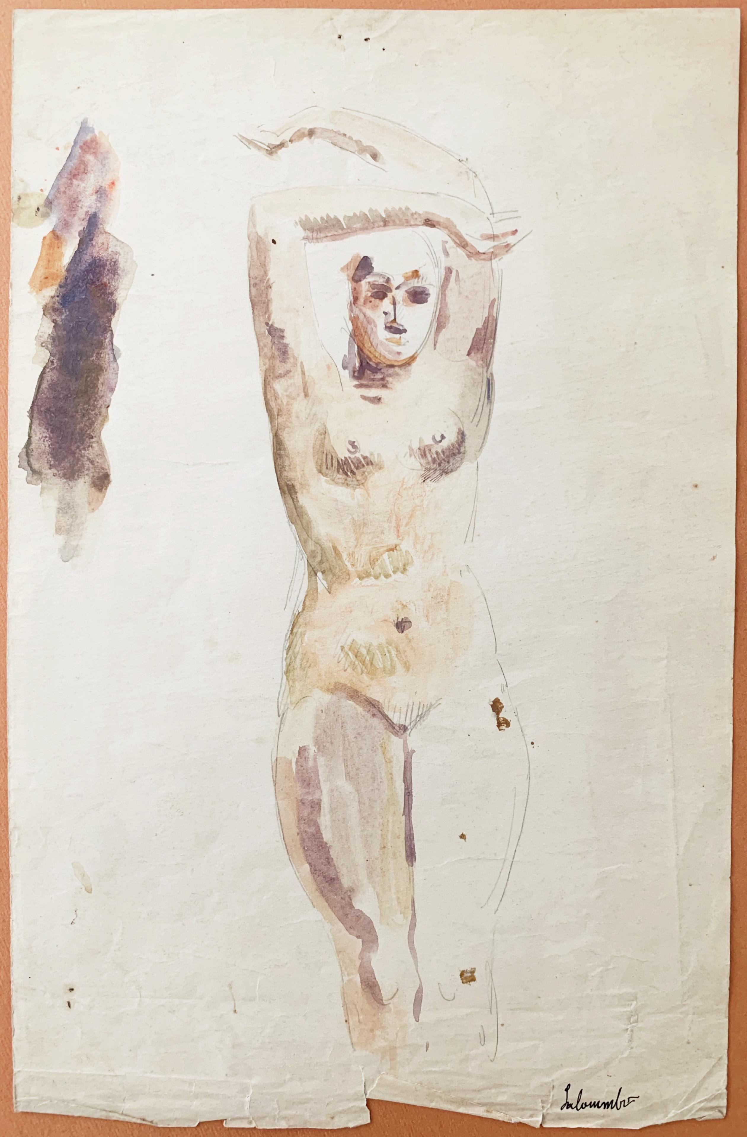 Raphael Delorme, Studie, weiblicher Akt, Aquarell und Bleistift auf Papier